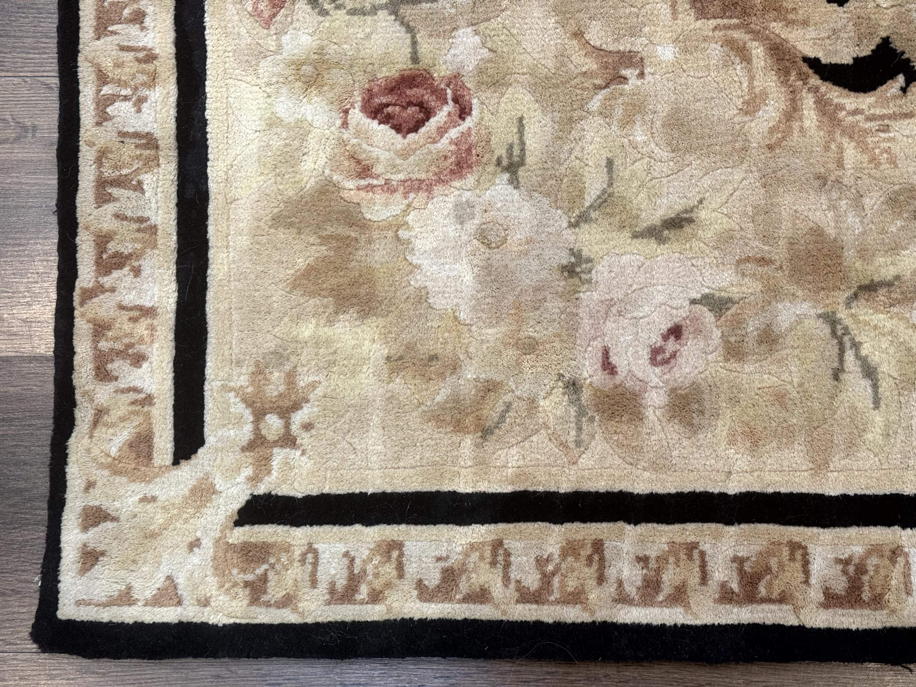 Chinese Aubusson Rug 6x9, Wool Pile, Black, Floral, Elegant