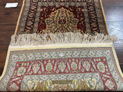 Wonderful Silk Turkish Hereke Prayer Rug 2.8 x 4.5, Tree of Life Design, Signature from Master Weaver, Gold and Burgundy, Handmade, 625 KPSI