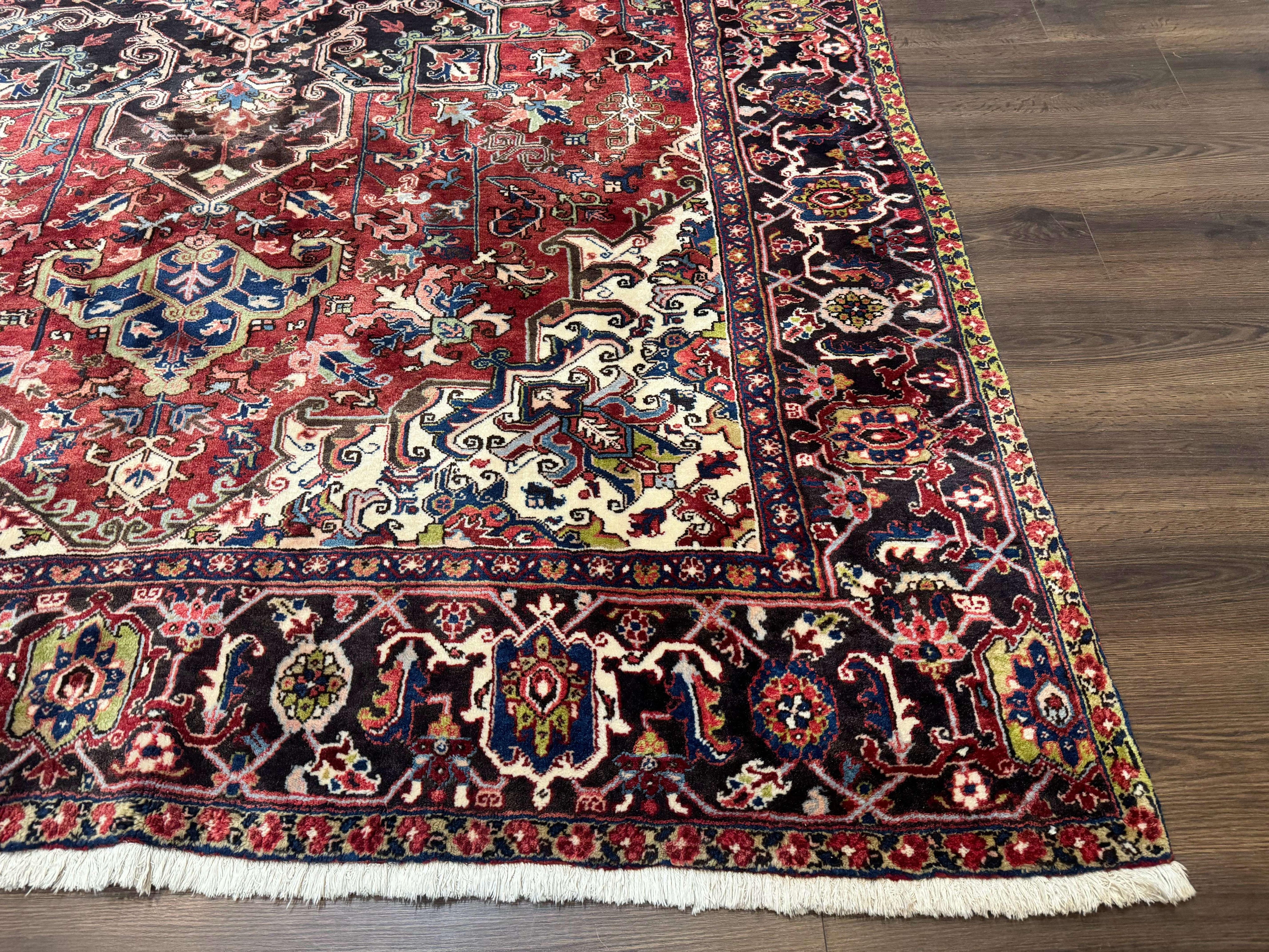 Antique Persian Heriz Rug 8x11, Geometric Tribal Wool Carpet, Brick Red