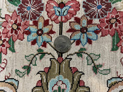 Silk Persian Tabriz Round Rug 3x3 ft, Very Fine Hand Knotted Carpet 380 KPSI, Cream & Gold, Bird Pictorials, Floral, Rare