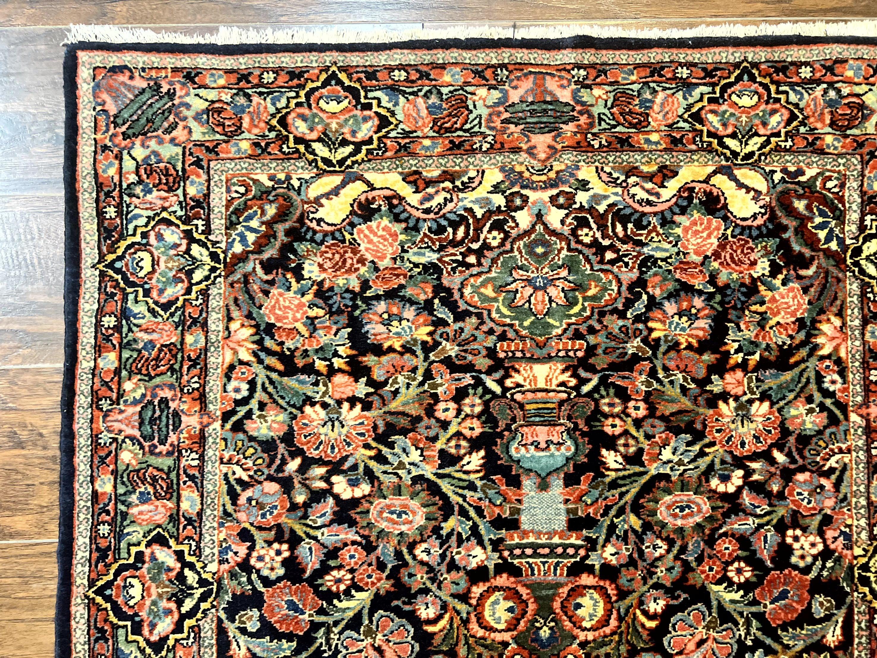 Persian Saoruk Rug 4x5, Navy Blue and Red, Floral, Antique Persian Wool Carpet, Handmade