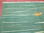 Green Turkish Kilim Rug, 6x9 - 7x10 Rugs, Bird, Handmade New Area Rug, Wool, Bohemian Boho Decor, Hand Woven, Modern Abstract Flat Weave Rug