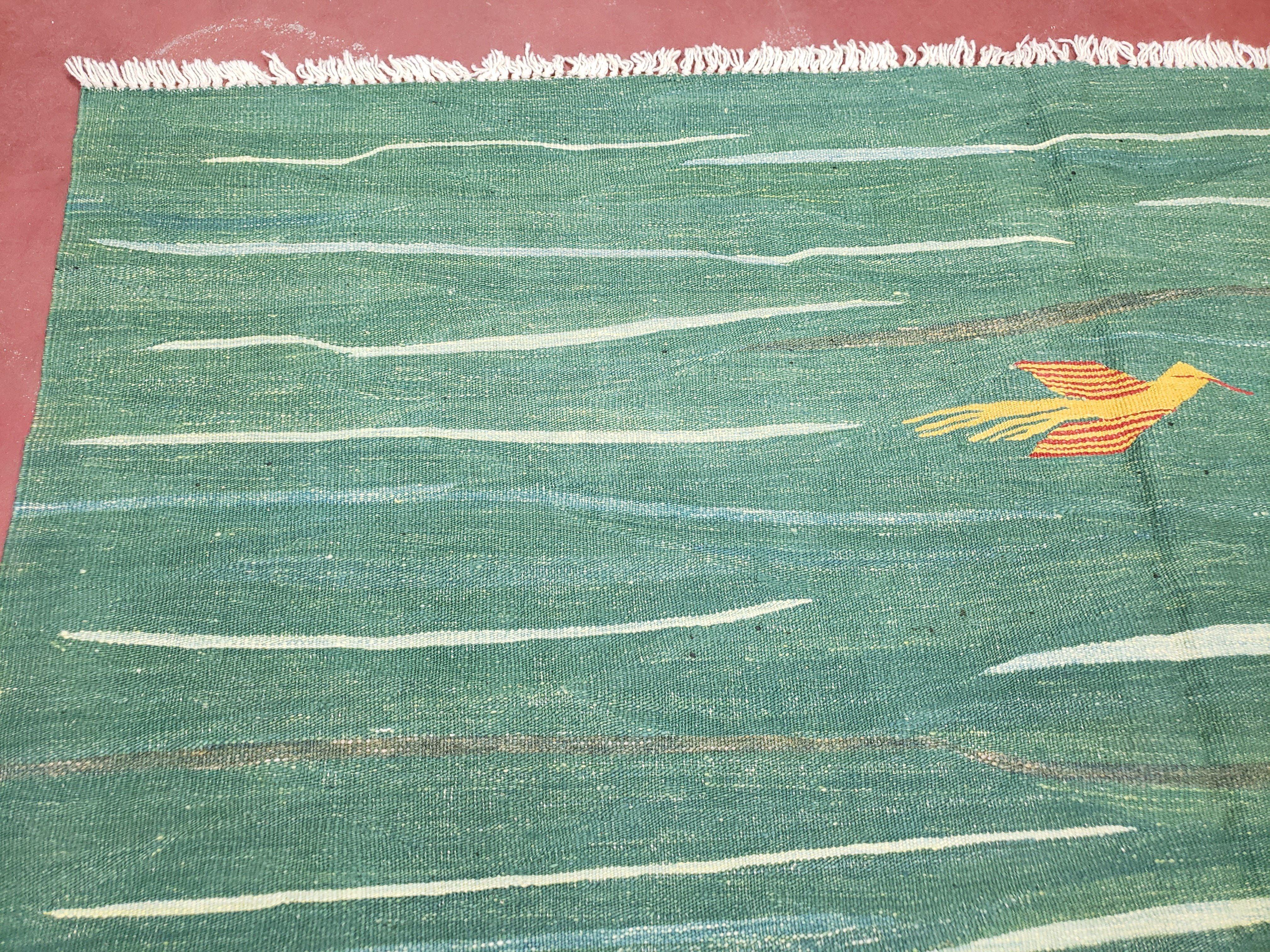 Green Turkish Kilim Rug, 6x9 - 7x10 Rugs, Bird, Handmade New Area Rug, Wool, Bohemian Boho Decor, Hand Woven, Modern Abstract Flat Weave Rug