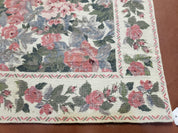5x8 Needlepoint Rug 5' 4" x 8' 3" Wool Flat Weave Floral New Unused Carpet English Design Ivory Large Pink Flowers Green Leaves Hand-Knotted