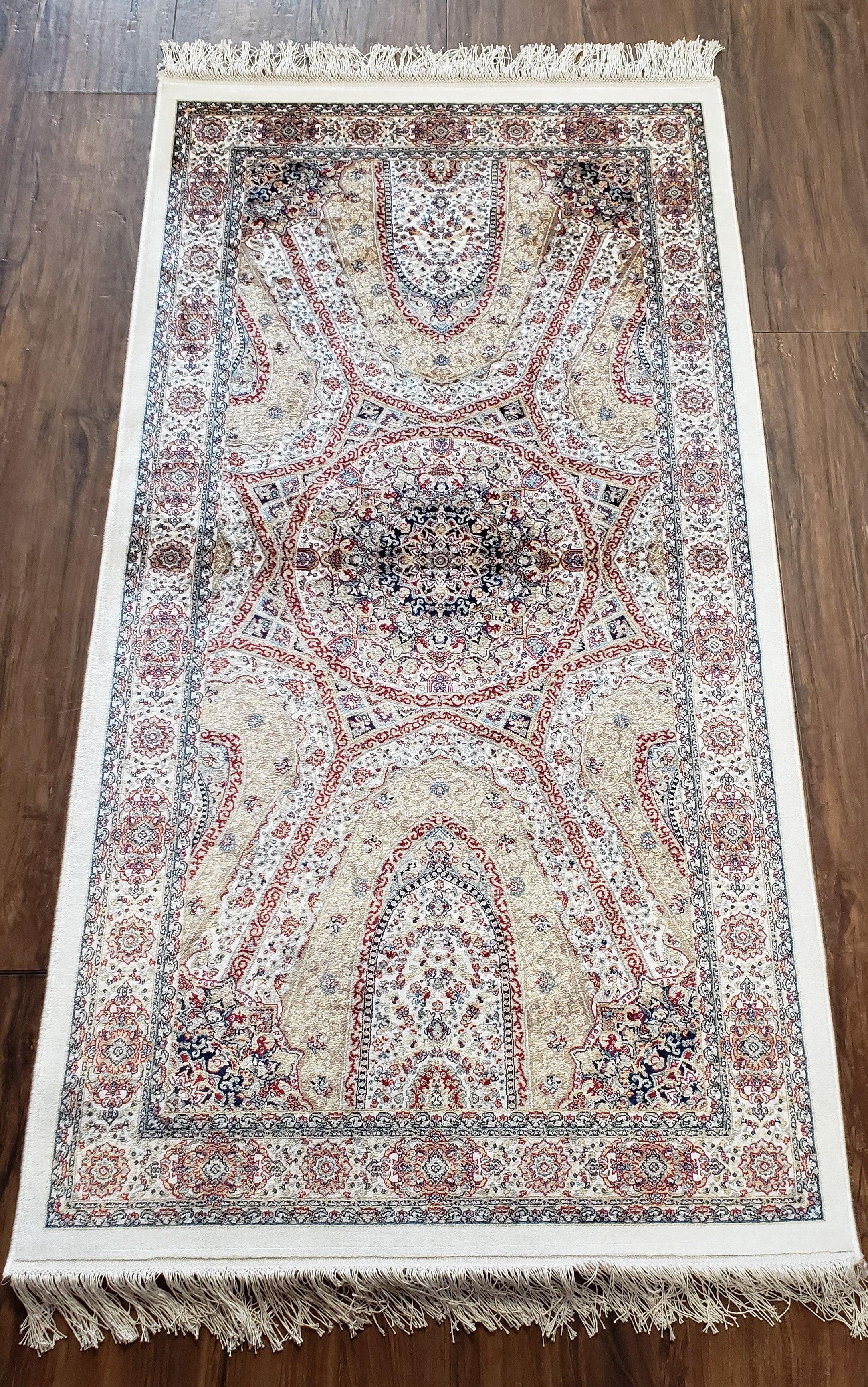 Beige & Cream Small Turkish Silk Rug, Bamboo Silk, Power-Loomed, Persian Design, High Quality, Soft Accent Rug, 3x5 ft, 2' 8" x 4' 11"