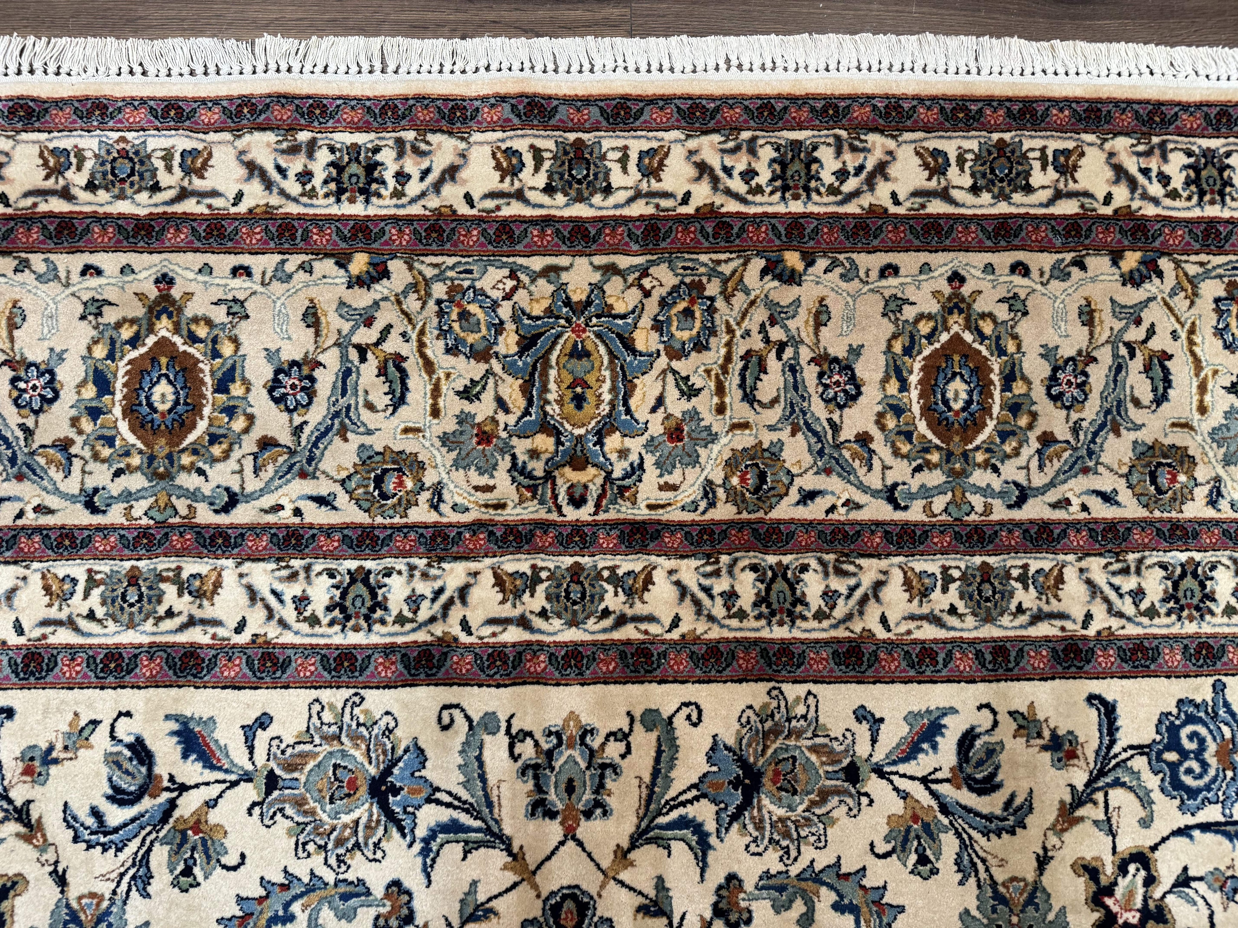 Persian Kashan Rug 10x14, Bone - Beige and Blue, Allover Pattern, Traditional Persian Carpet, Fine 260 KPSI