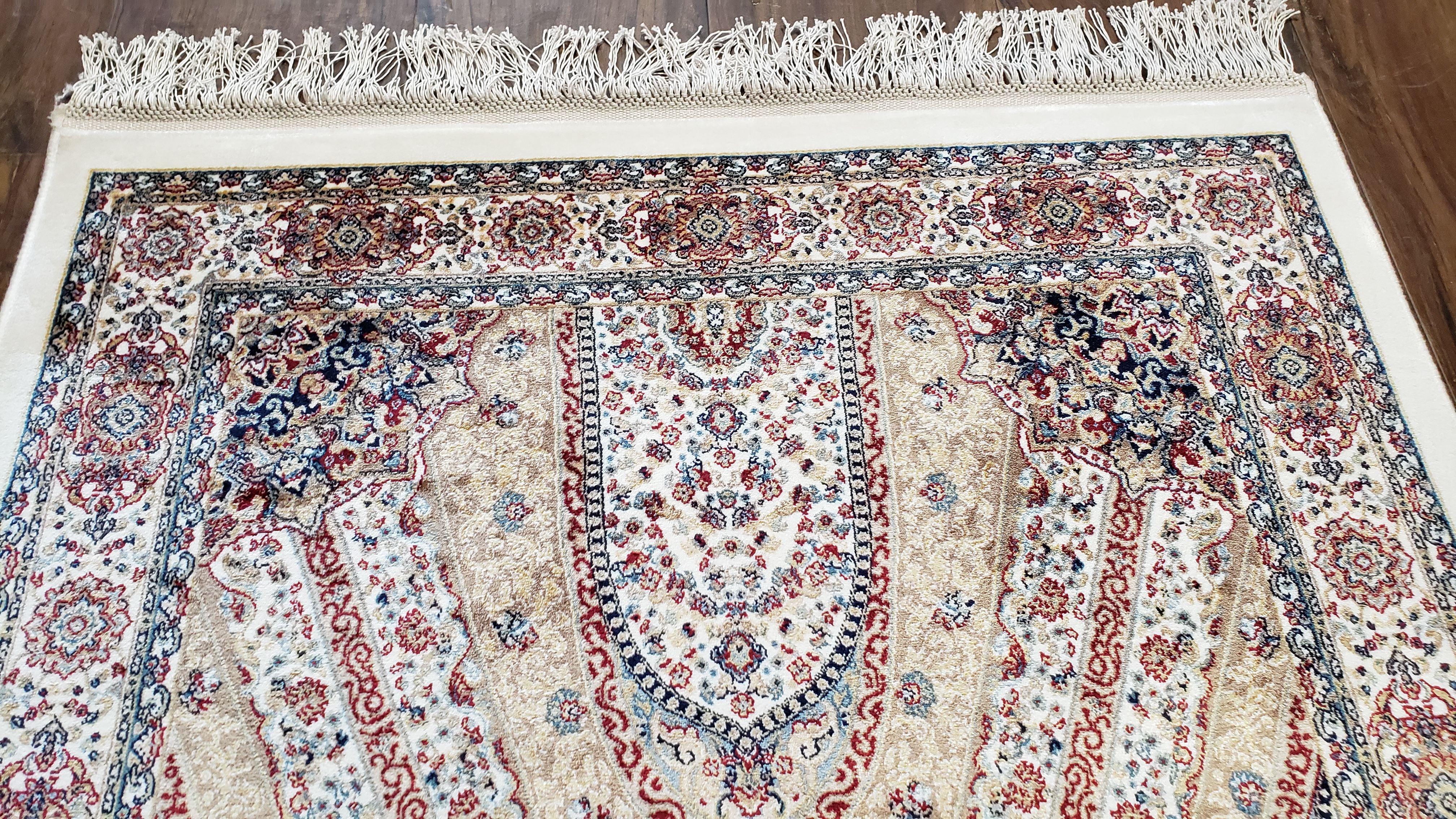 Beige & Cream Small Turkish Silk Rug, Bamboo Silk, Power-Loomed, Persian Design, High Quality, Soft Accent Rug, 3x5 ft, 2' 8" x 4' 11"