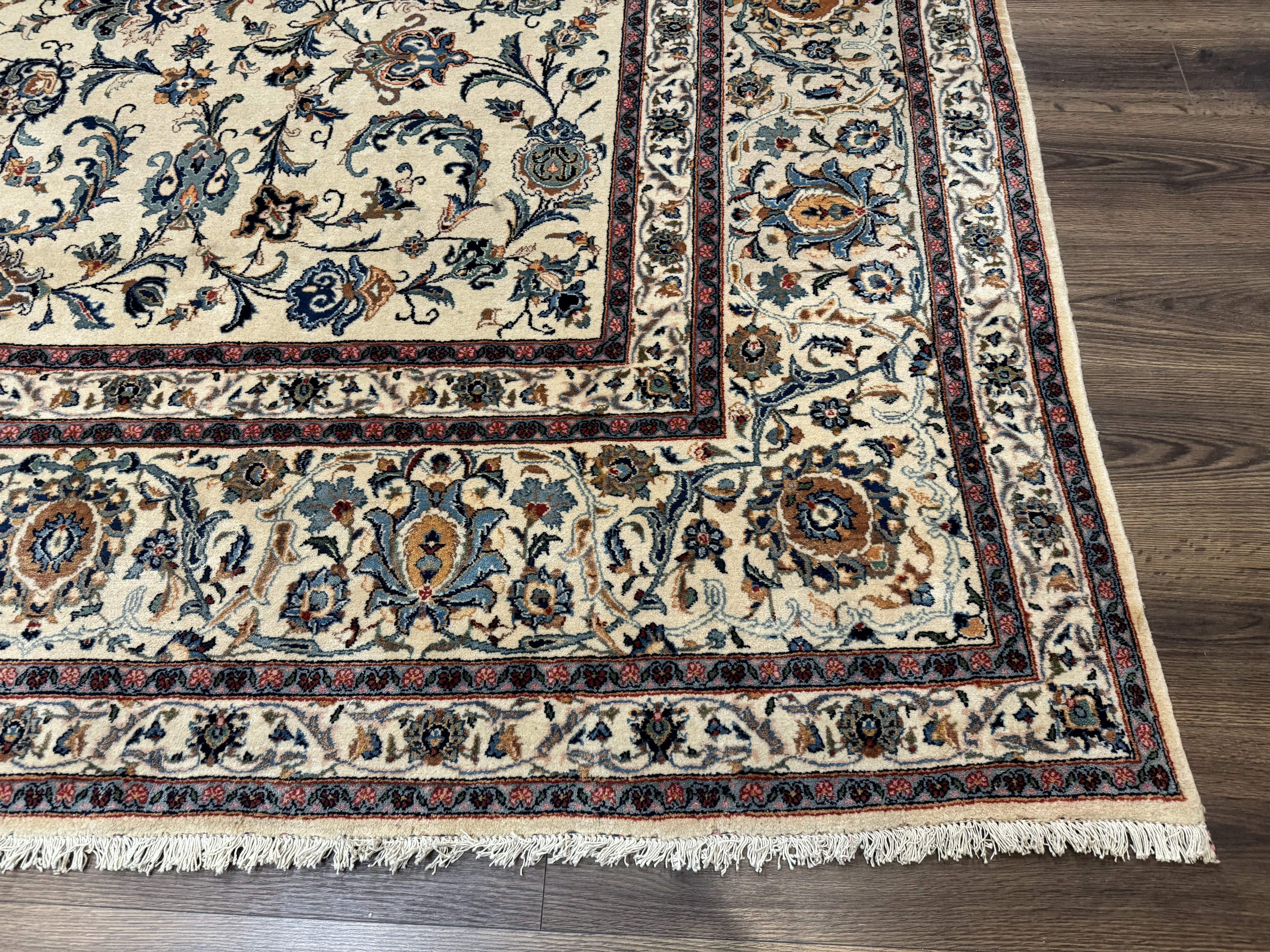 Persian Kashan Rug 10x14, Bone - Beige and Blue, Allover Pattern, Traditional Persian Carpet, Fine 260 KPSI