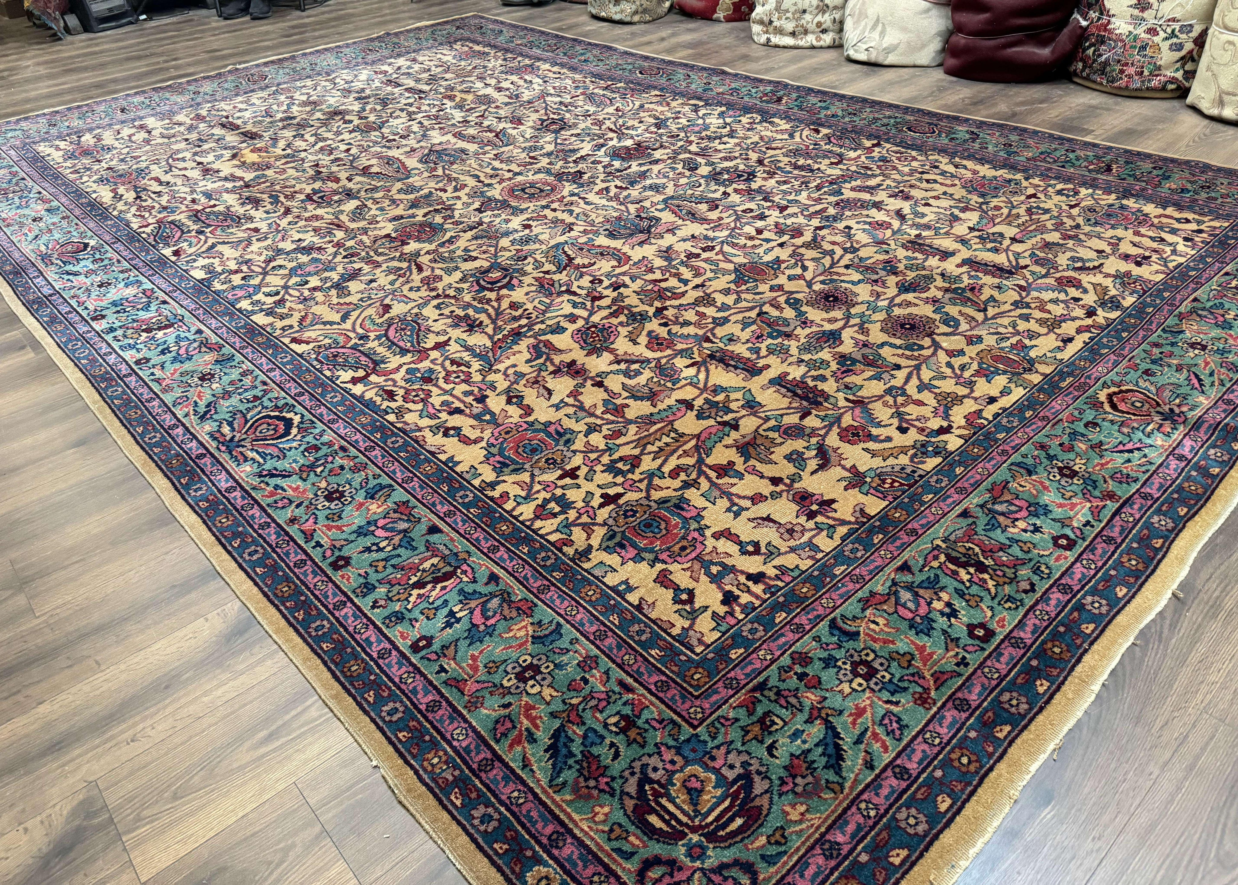 Antique Persian Rug 10x15, Camel and Cyan, Allover Pattern, Rare, Samarkand Rug