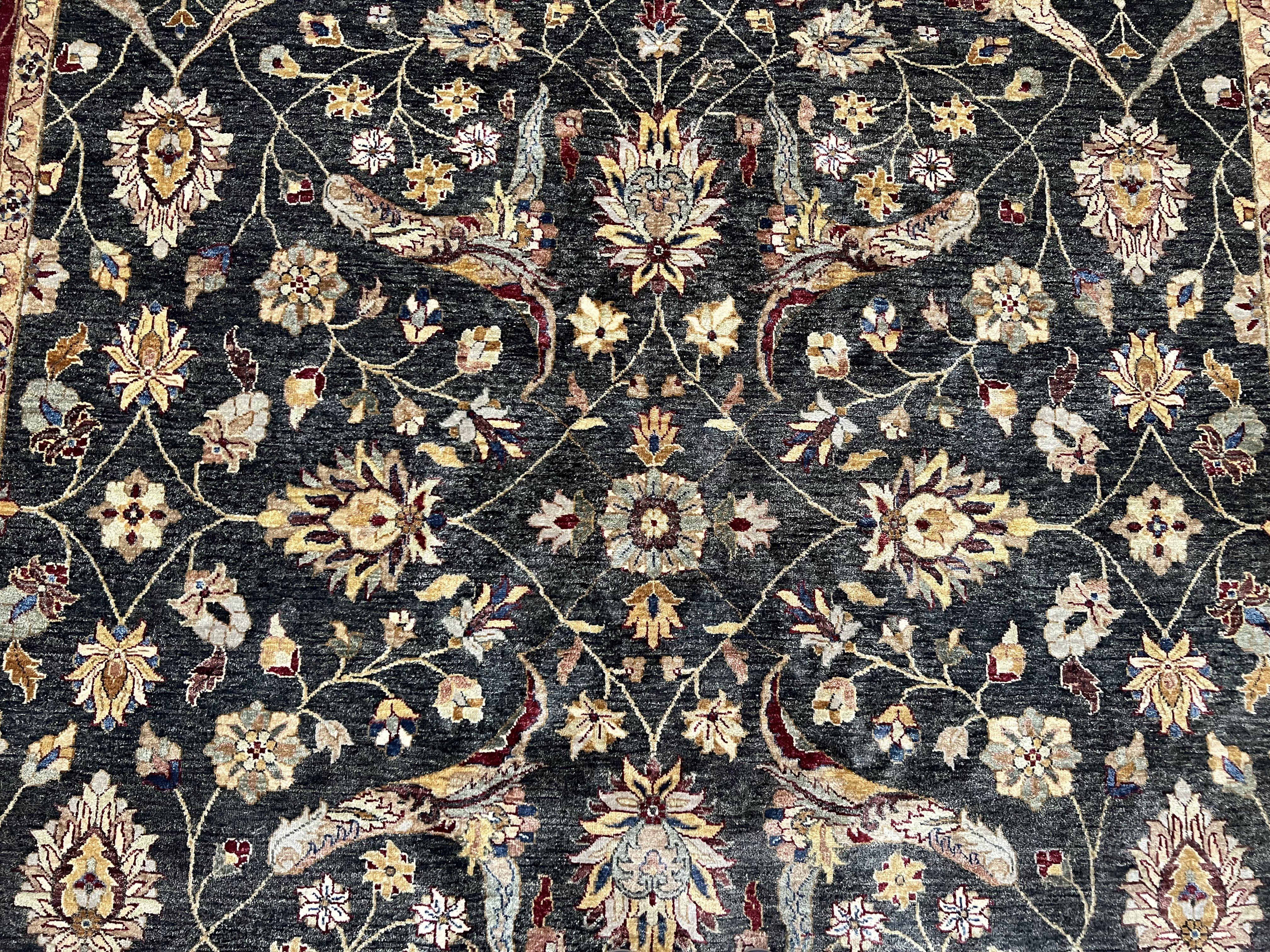 Pak Persian Mahal Rug 9x12, Allover Floral Pakistani Oriental Carpet 9 x 12, Wool Hand Knotted Area Rug, Dark Slate Gray-Black and Maroon