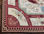 Needlepoint Rug 7.9 x 9, Beige Maroon Rose, Handmade Handwoven Flatweave Aubusson Savonnerie French European Elegant Carpet, Wool Rug