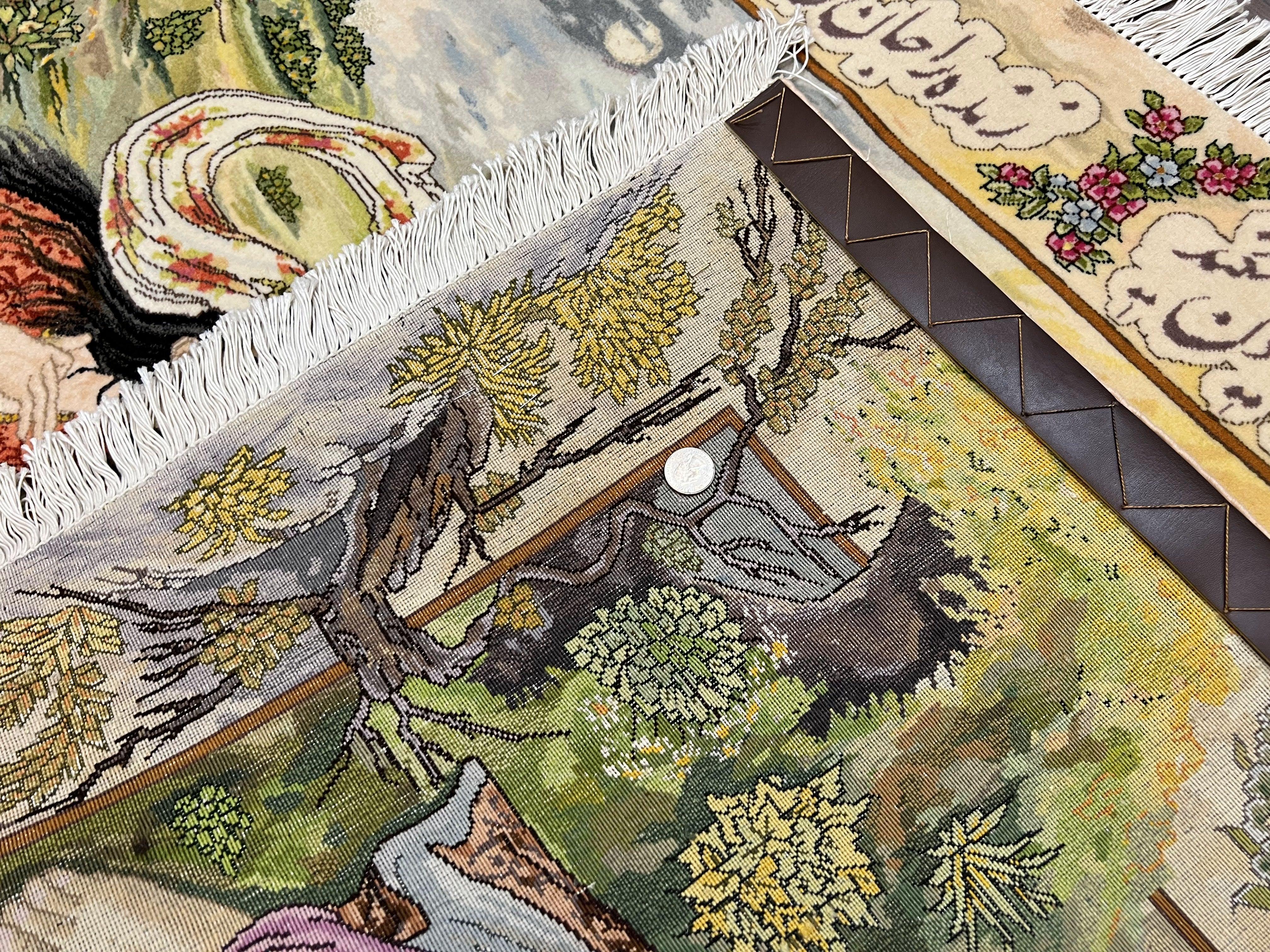 Persian Tabriz Pictorial Rug 5x3, Hafez Poetry In Border, Very Fine Hand Knotted Carpet, Wall Hanging Wool Oriental Carpet 3x5, Highly Detailed