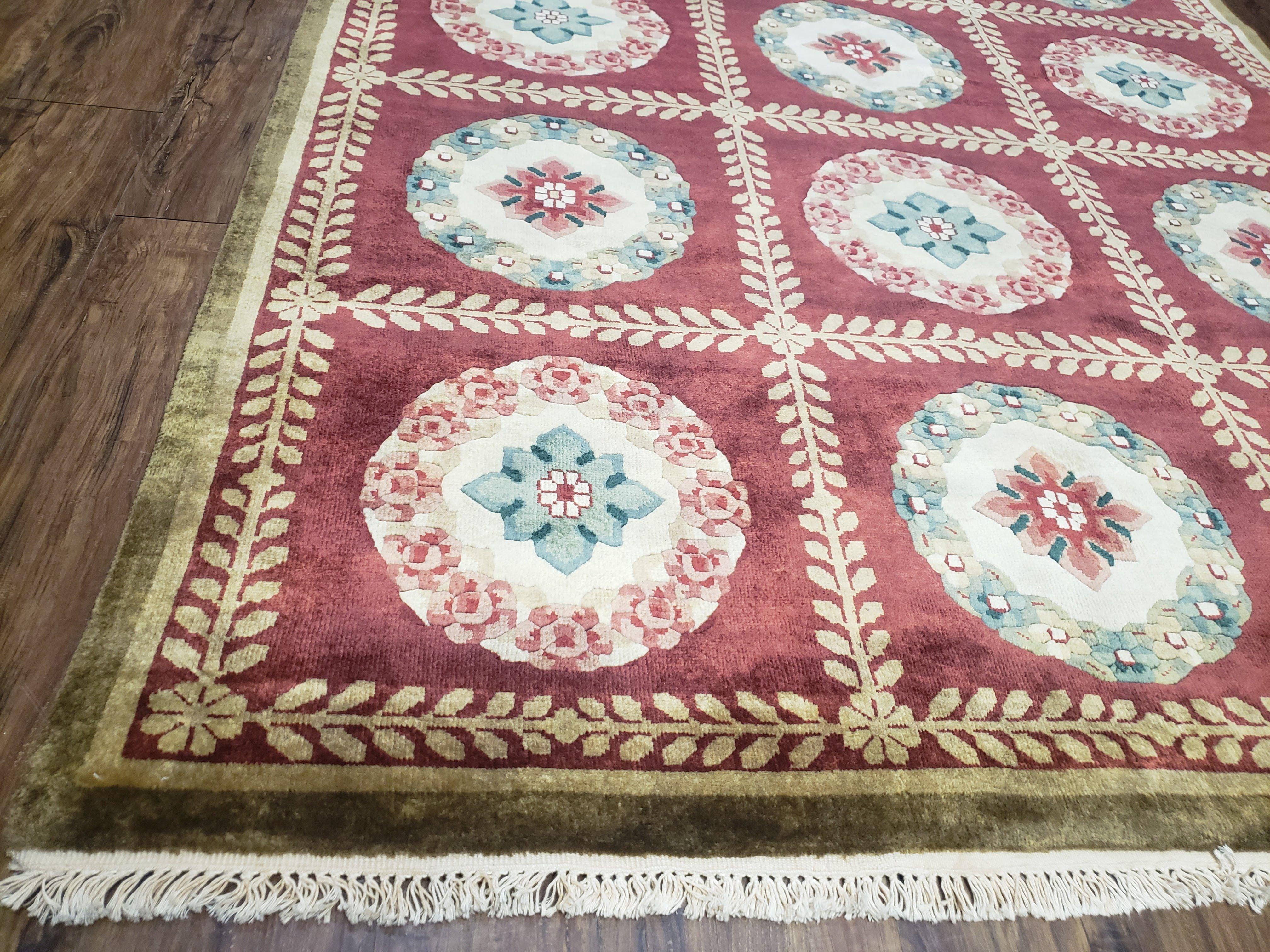 Nepalese Aubusson Panel Rug 6x9, Red & Ivory Soft Plush Tibetan Pile Rug, Wool Hand-Knotted Carpet, 6 x 9 Elegant Area Rug, Office Room Rug