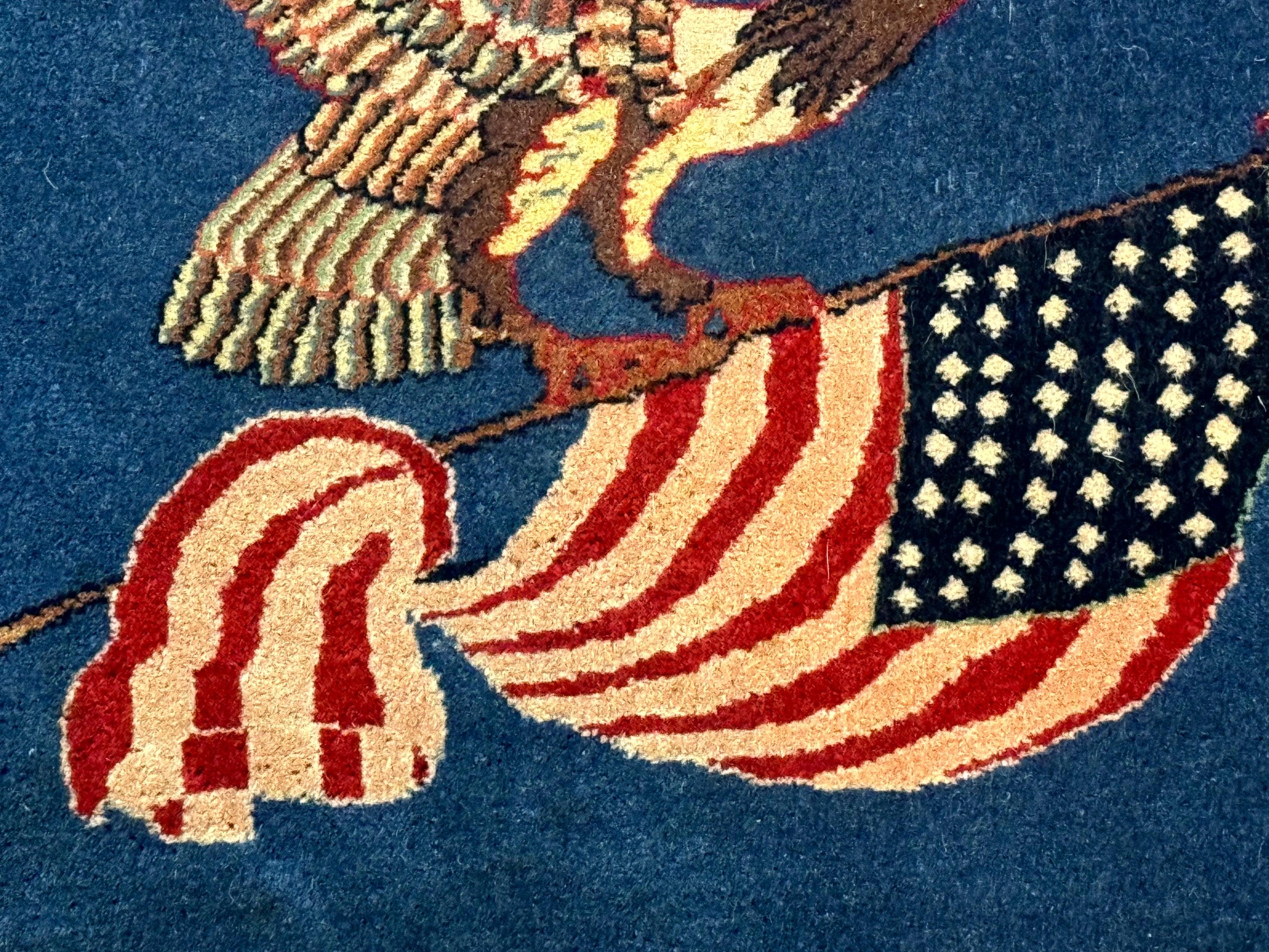 Pictorial Rug of American Flag with Bald Eagle, Small Indo Persian Pictorial Rug, Blue, Handmade, Very Fine 330 KPSI