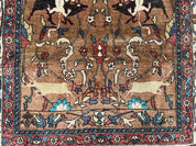 Unique Afghan Silk Rug 4x6, Hunting Pattern Animal Motifs, Light Brown and Cream, Persian Handwritten Poetry, Fine 1940s Oriental Carpet Wow