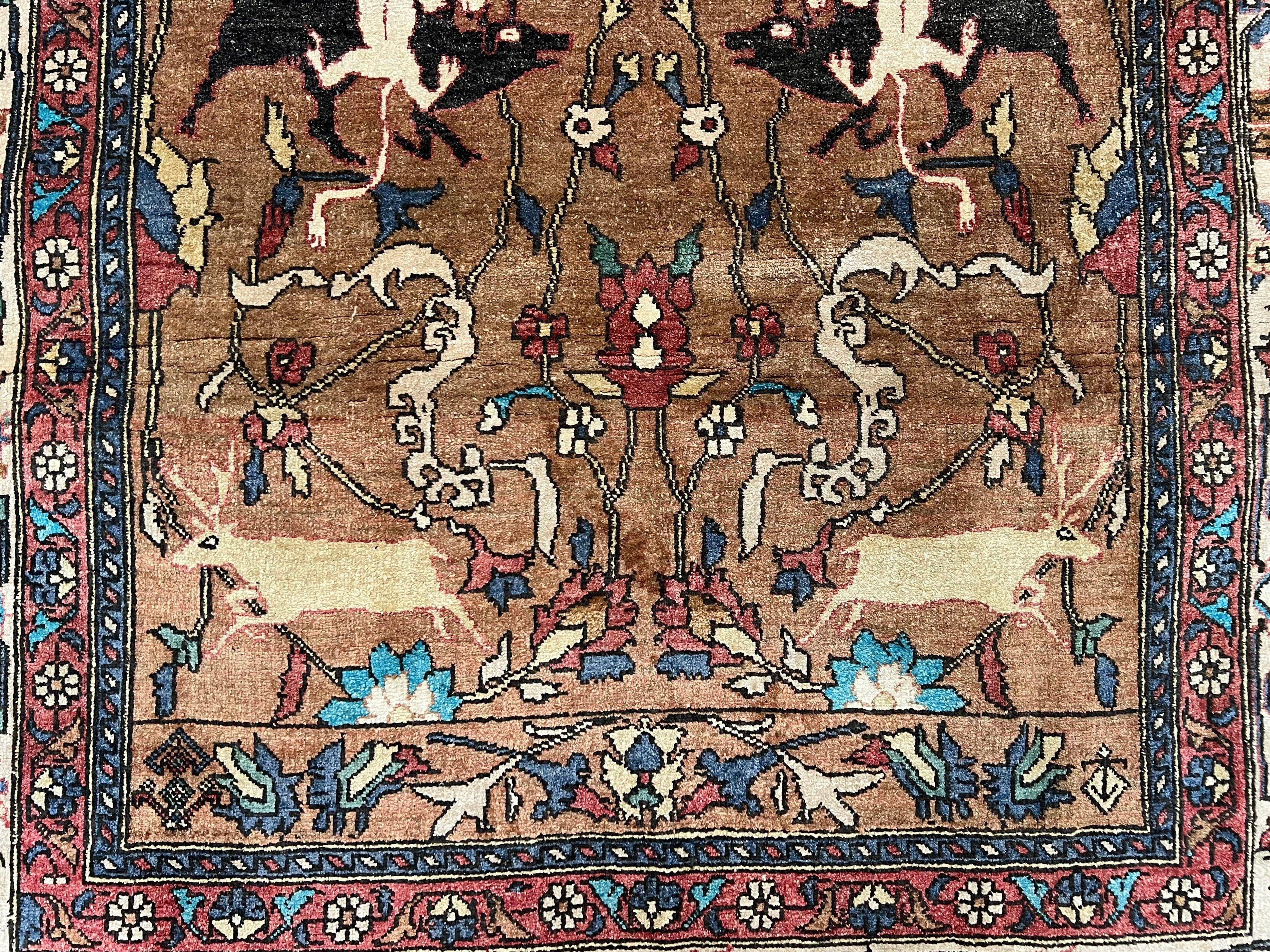 Unique Afghan Silk Rug 4x6, Hunting Pattern Animal Motifs, Light Brown and Cream, Persian Handwritten Poetry, Fine 1940s Oriental Carpet Wow