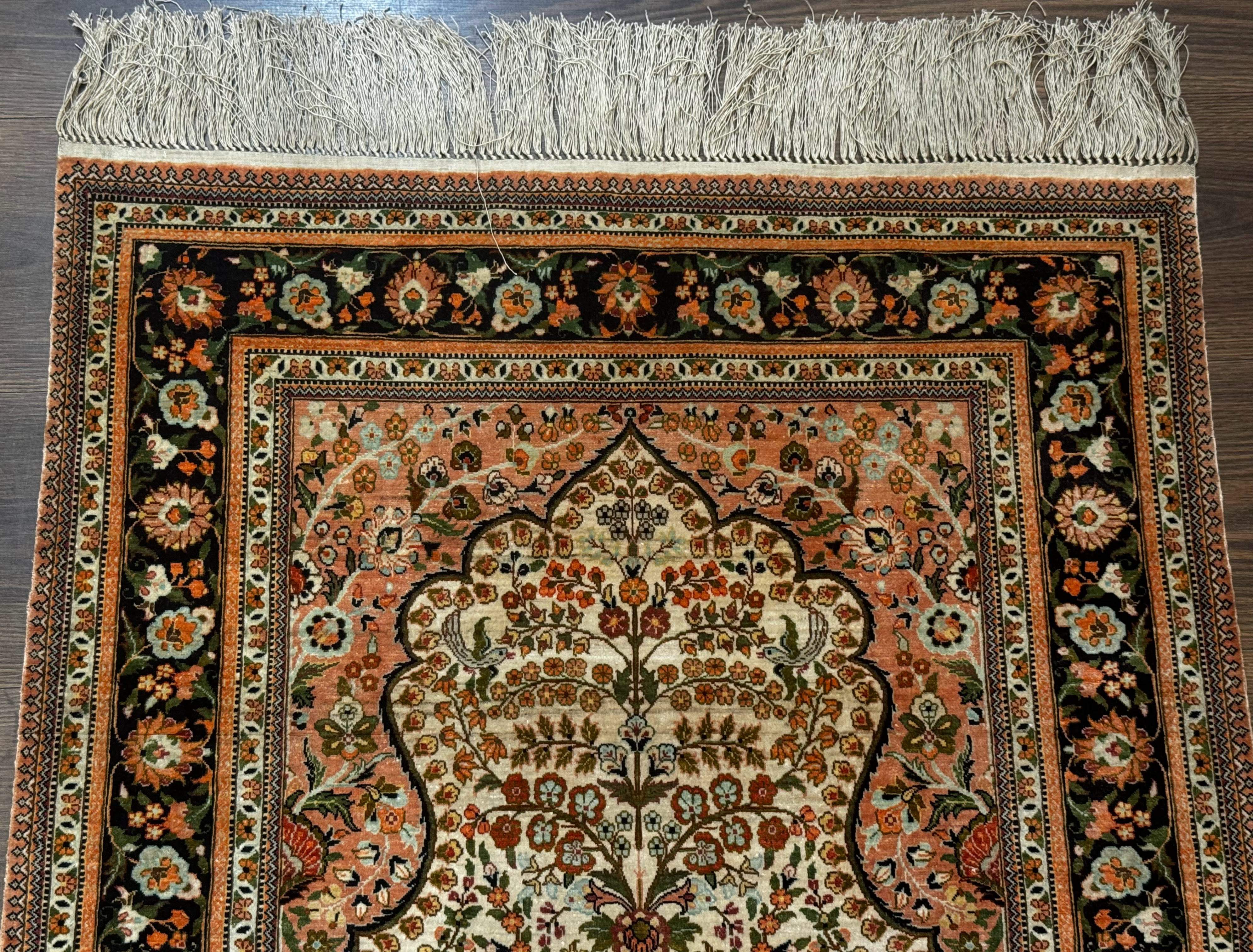 Exceptional Silk Rug 2.6 x 4, Very Fine 630 KPSI, Persian Vase Tree of Life Bird Pictorials, Handmade