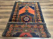 Persian Rug 3x6, Geometric Medallion, Village Tribal Rug, Terracotta and Navy Blue, Antique Nahavand Hamadan Rug