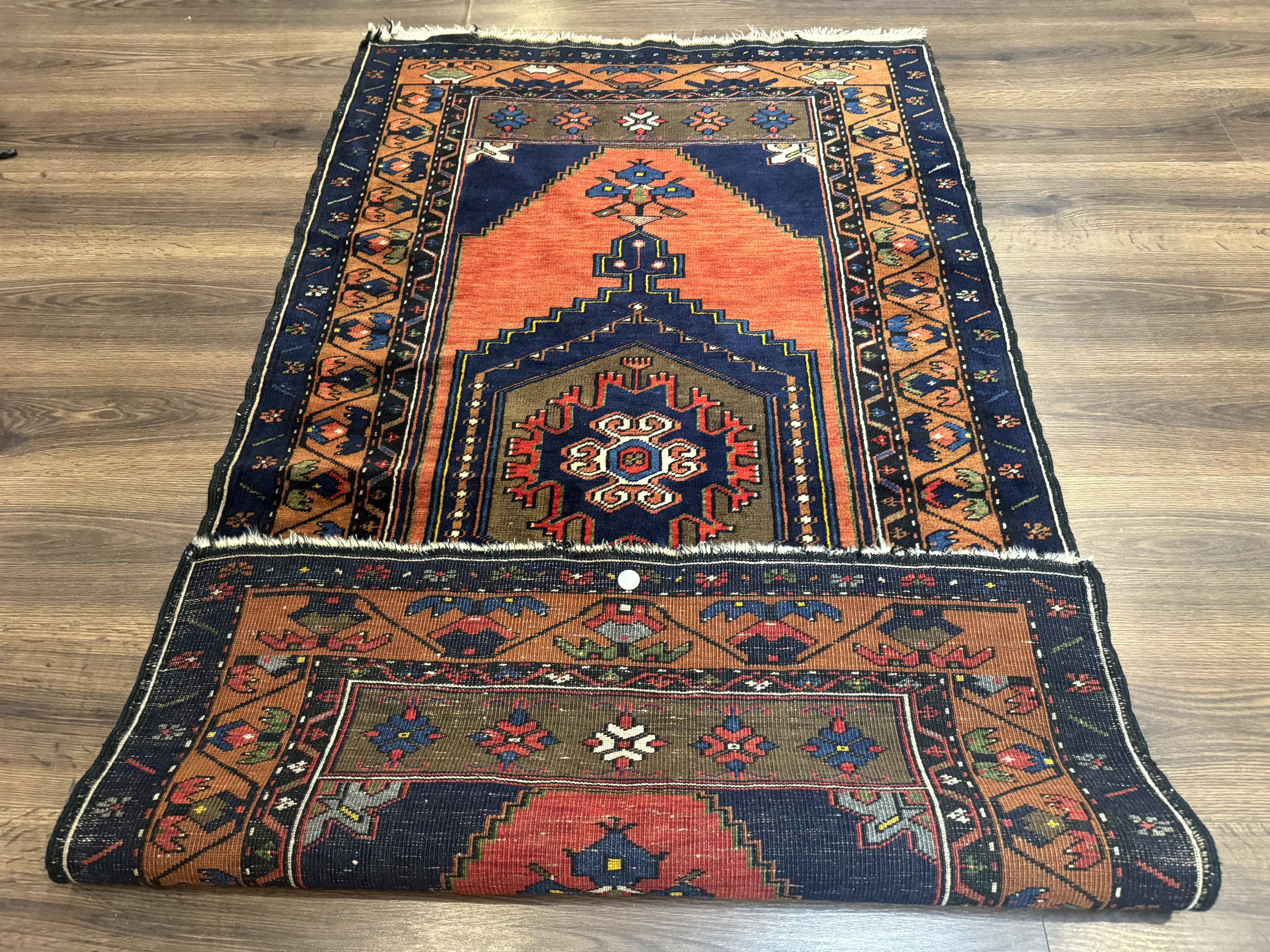 Persian Rug 3x6, Geometric Medallion, Village Tribal Rug, Terracotta and Navy Blue, Antique Nahavand Hamadan Rug