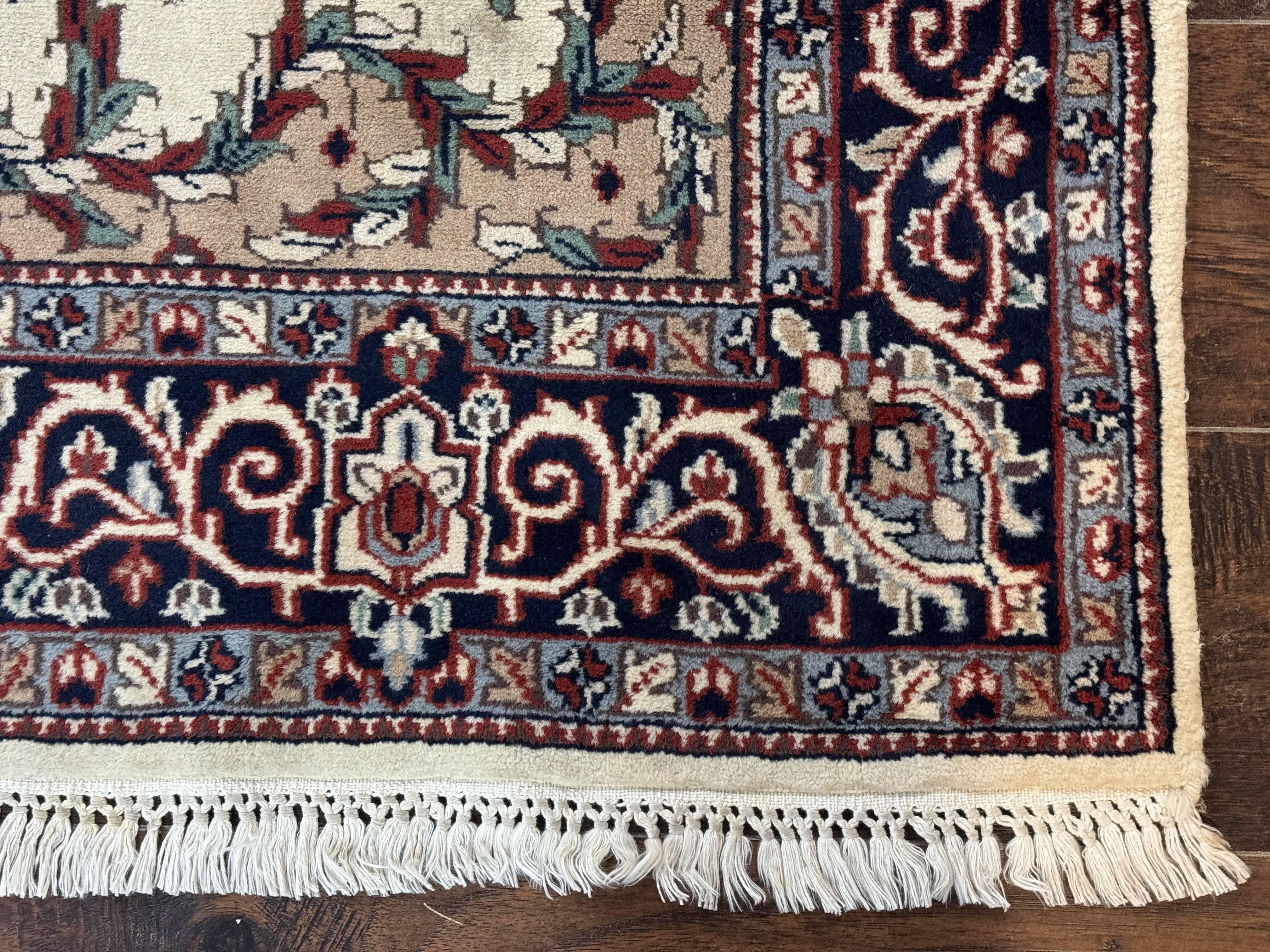 Indian Kashmiri Rug 4x6, Ivory Beige Navy Blue, Traditional Indo Persian Rug