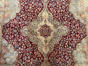Persian Rug 9x12, Kirman DeLuxe, Millefleur Floral Medallion Carpet, Maroon Light Blue Beige, Semi Antique Authentic Hand Knotted Wool Rug