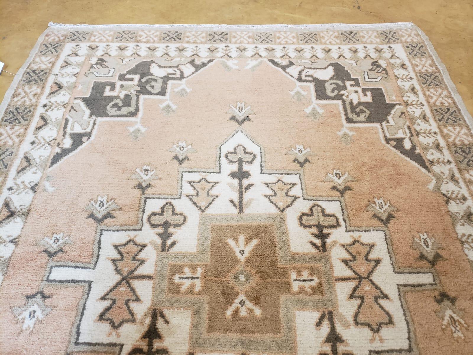 Antique Moroccan Rug 5x7 Tribal Carpet, Hand-Knotted Soft Wool Pile, 5 x 7 Area Rug, Berber Rug, Geometric Open Field Medallion, Pink Ivory