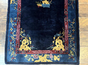 Antique Chinese Peking Rug 3x6, Dark Blue, Bird Motif, Handmade Wool Art Deco Asian Oriental Carpet, Pair A