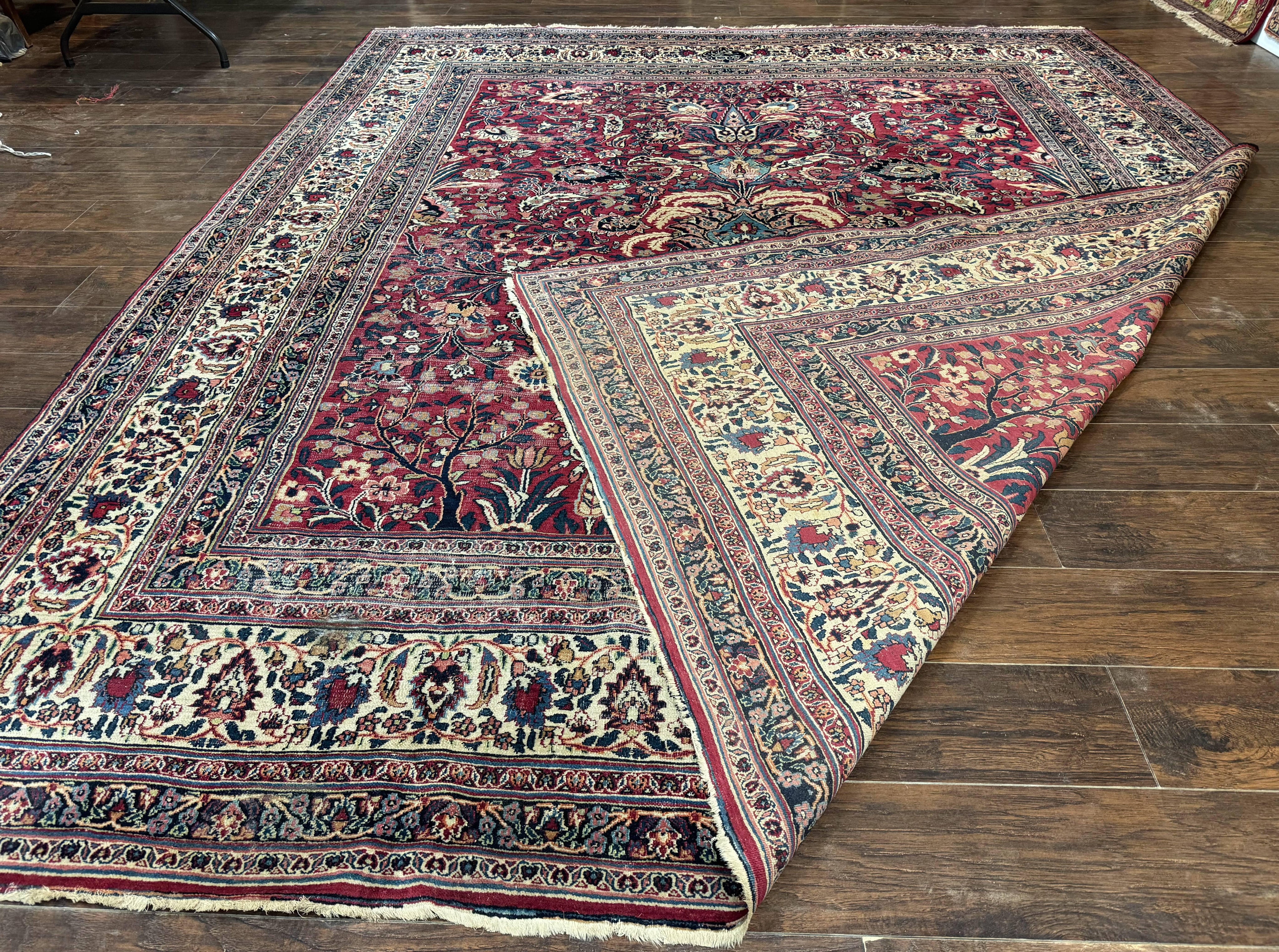 Antique Persian Mashad Rug 10x12, Red and Ivory, Signed by Master Weaver