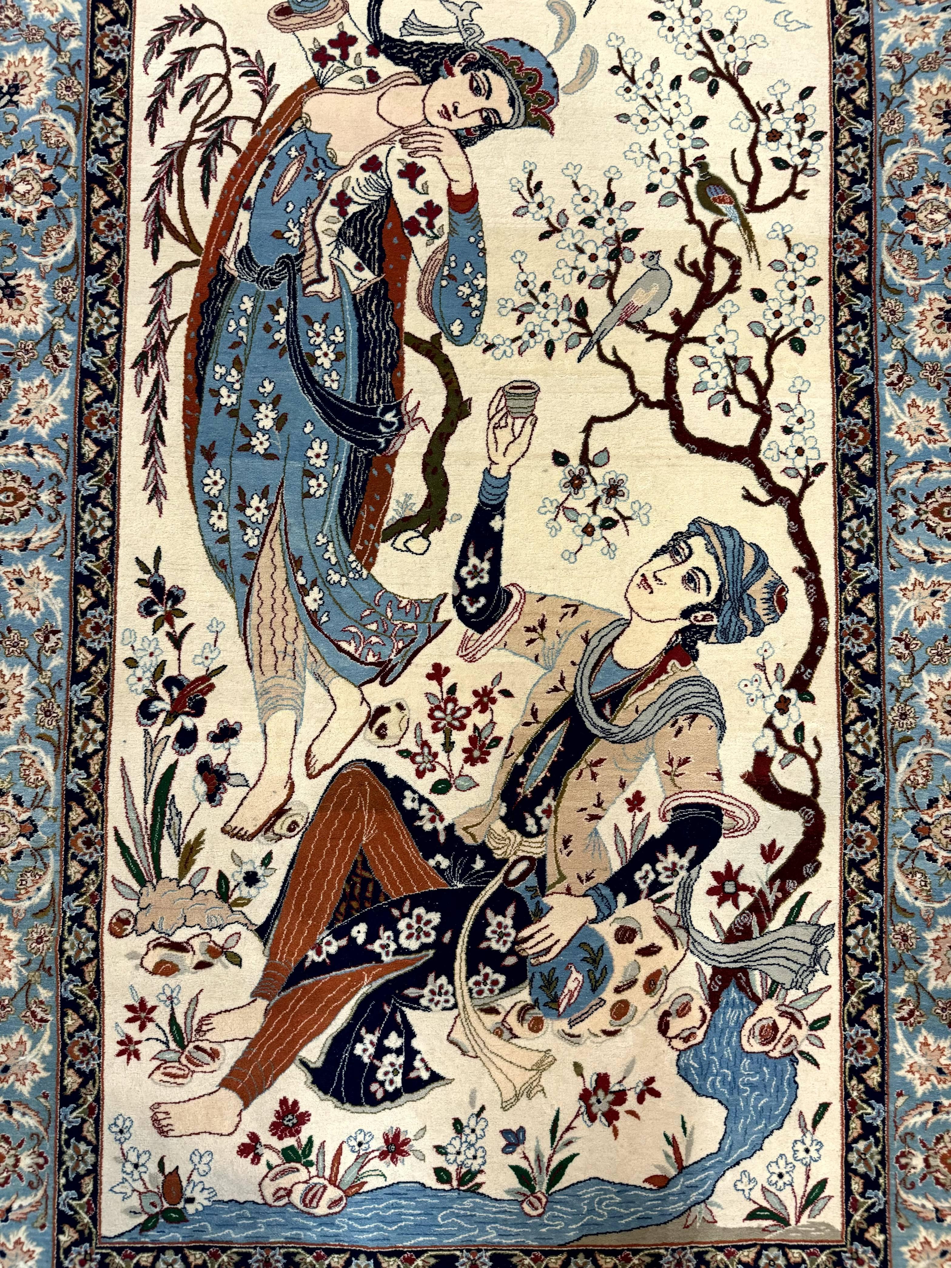 Persian Isfahan Pictorial Rug, Two Lovers, Kork Wool on Silk Foundation, Ivory and Light Blue, 500 KPSI Super Fine