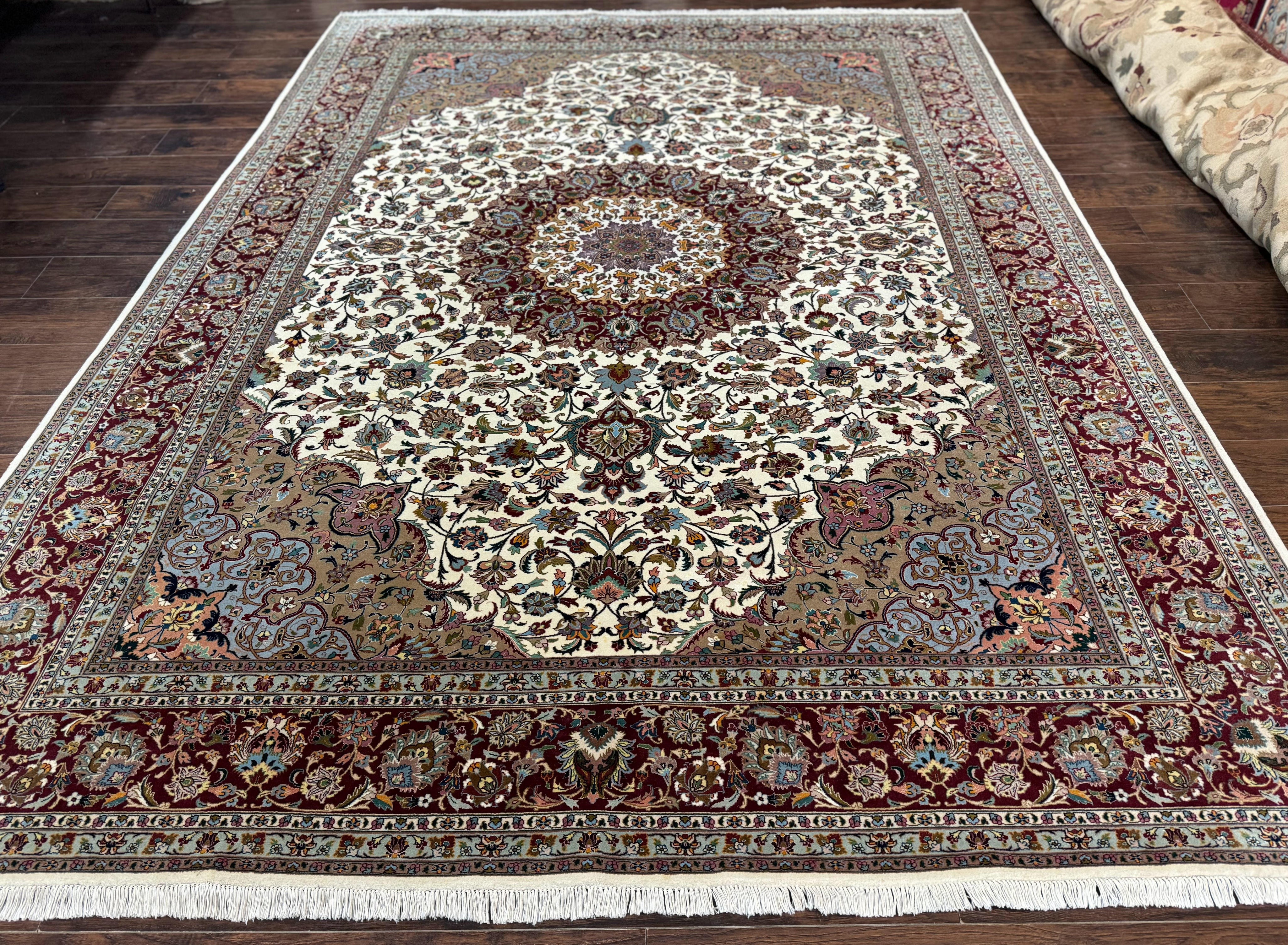 Persian Tabriz Rug 8x11, Floral Medallion Traditional Area Rug, Fine 300 KPSI, Ivory Maroon