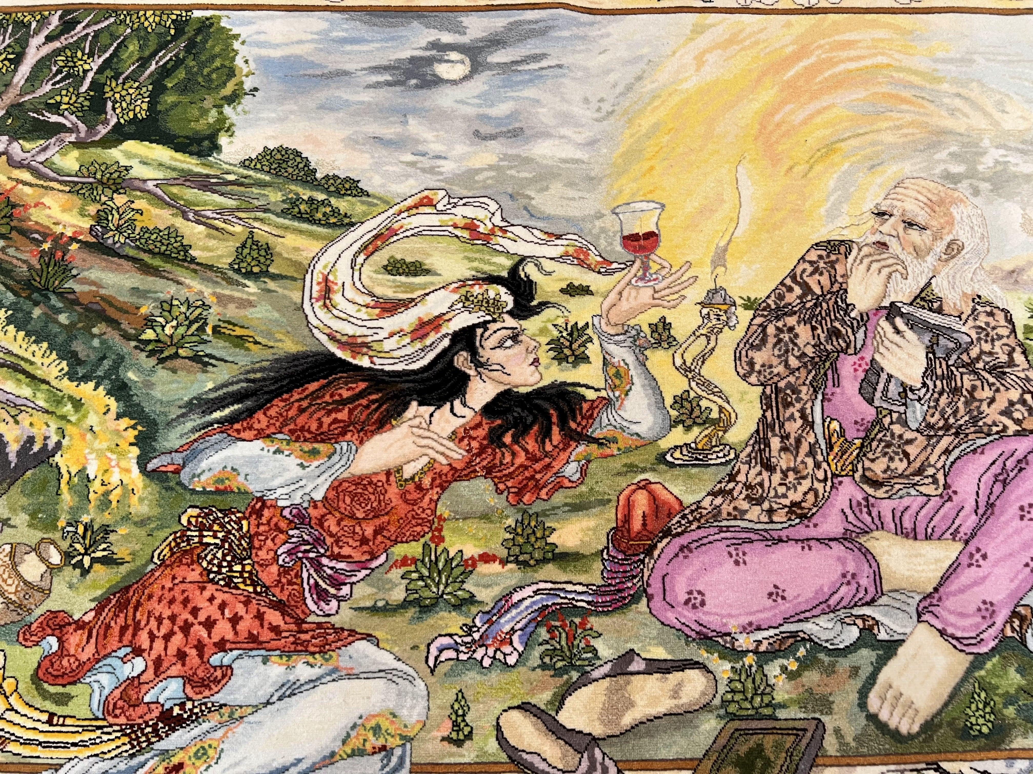 Persian Tabriz Pictorial Rug 5x3, Hafez Poetry In Border, Very Fine Hand Knotted Carpet, Wall Hanging Wool Oriental Carpet 3x5, Highly Detailed