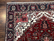 Indo Persian Heriz Rug 8x10, Geometric Medallion, Brick Red Ivory Navy Blue, Room Sized Heriz Carpet, Wool Rug