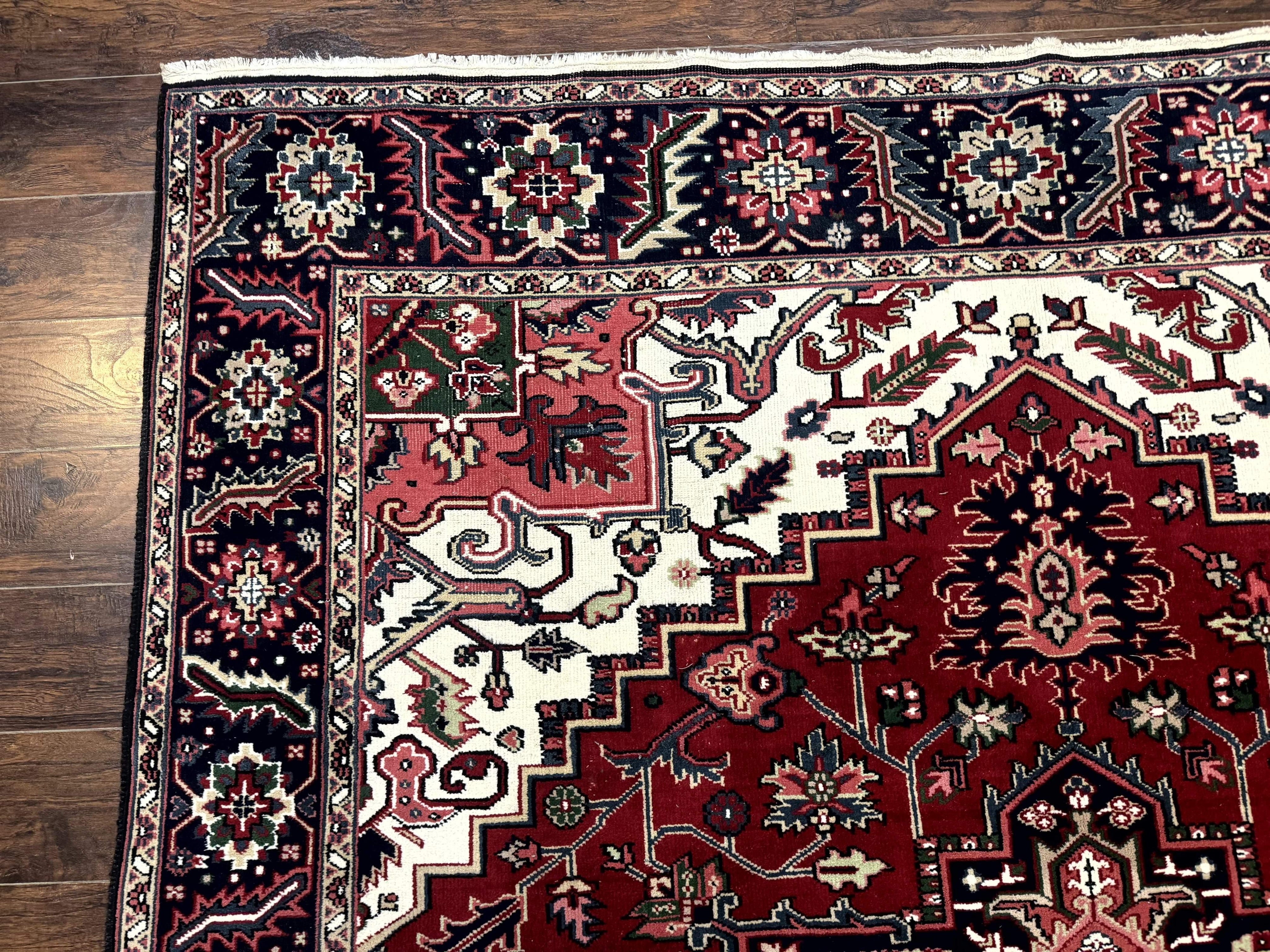 Indo Persian Heriz Rug 8x10, Geometric Medallion, Brick Red Ivory Navy Blue, Room Sized Heriz Carpet, Wool Rug