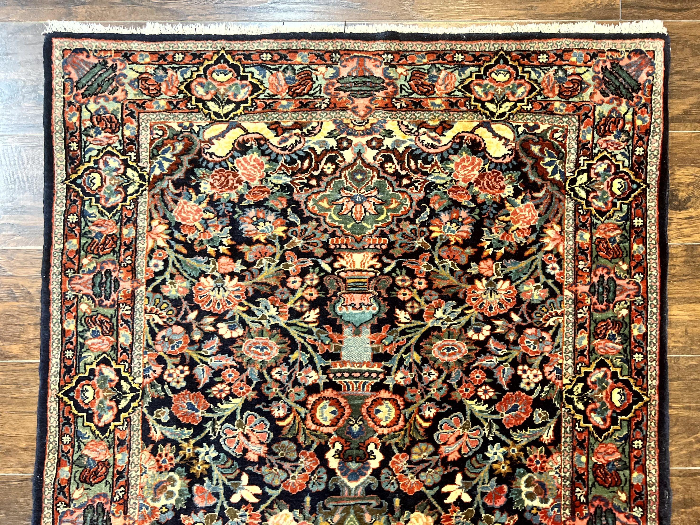 Persian Saoruk Rug 4x5, Navy Blue and Red, Floral, Antique Persian Wool Carpet, Handmade