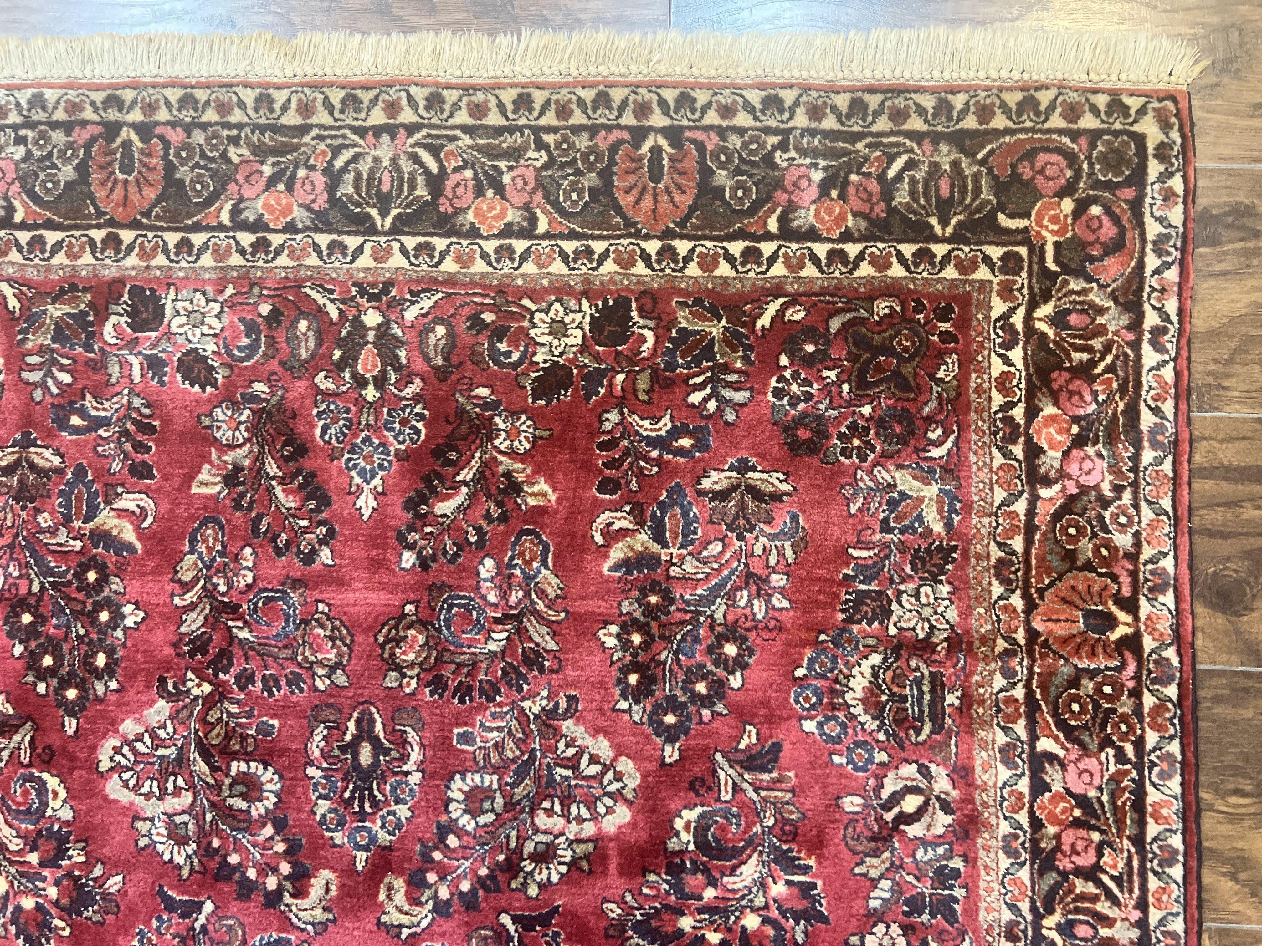 Antique Persian Sarouk Rug 4x7, Hand Knotted Wool Red Persian Carpet, Floral
