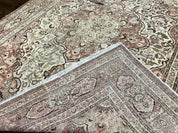 Antique Persian Tabriz Rug 10x12, Wool Hand Knotted Oriental Carpet, Beige Light Red, Floral Medallion