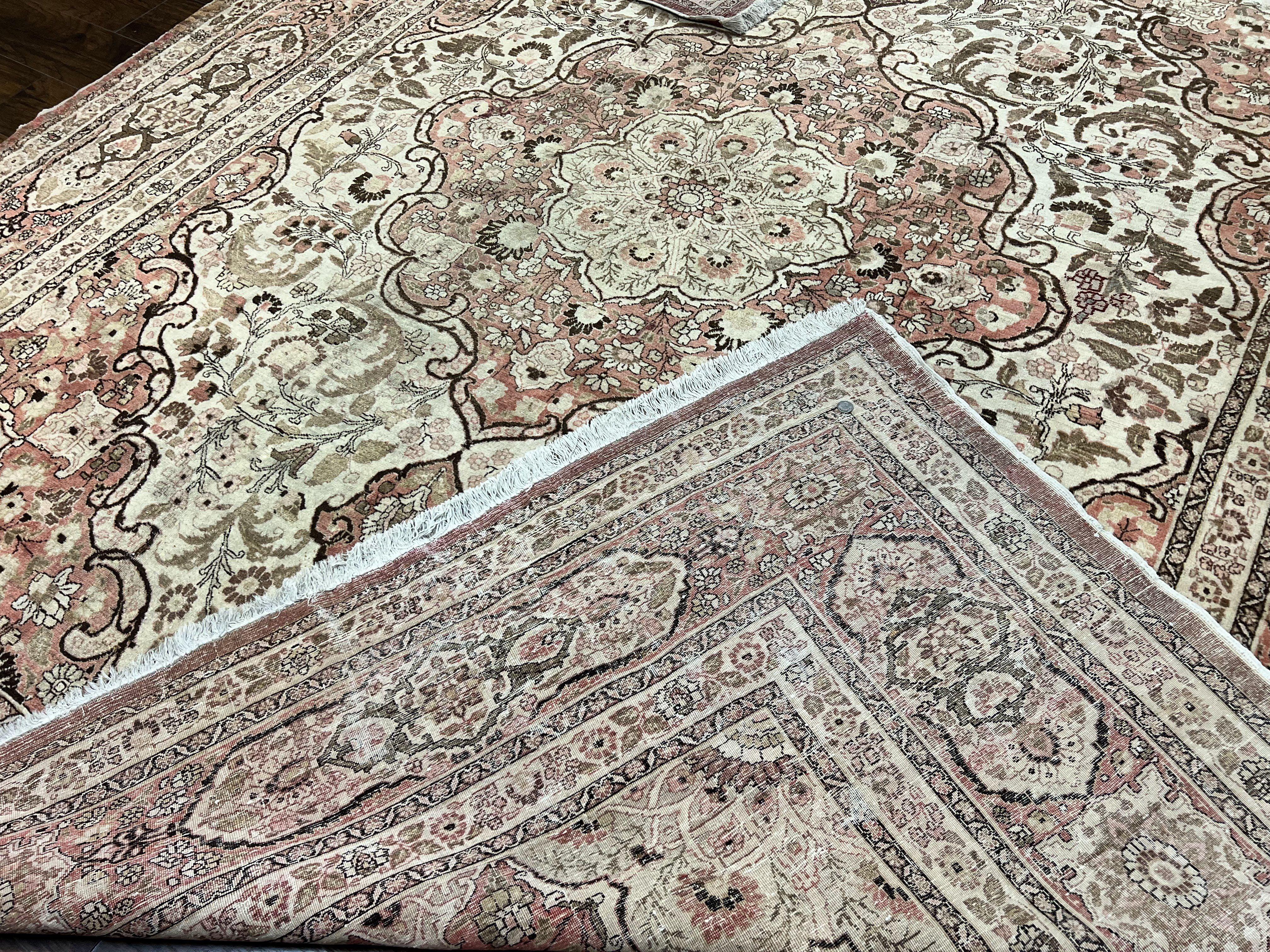 Antique Persian Tabriz Rug 10x12, Wool Hand Knotted Oriental Carpet, Beige Light Red, Floral Medallion