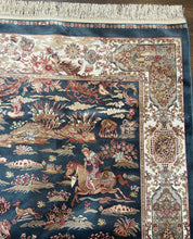 Turkish Silk Hunting Design Rug 4x6, Dark Steel Blue & Ivory, Bamboo Silk, New