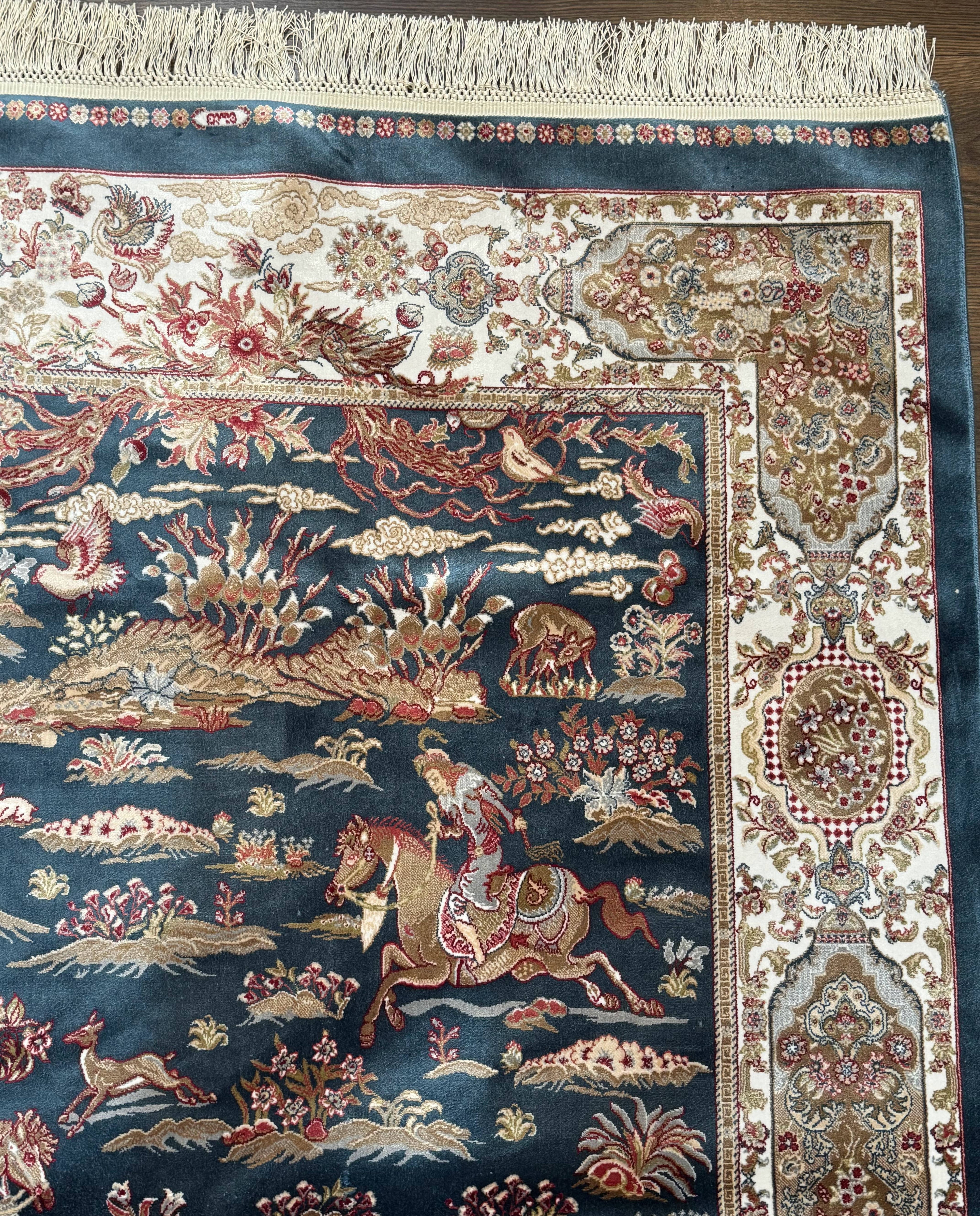 Turkish Silk Hunting Design Rug 4x6, Dark Steel Blue & Ivory, Bamboo Silk, New