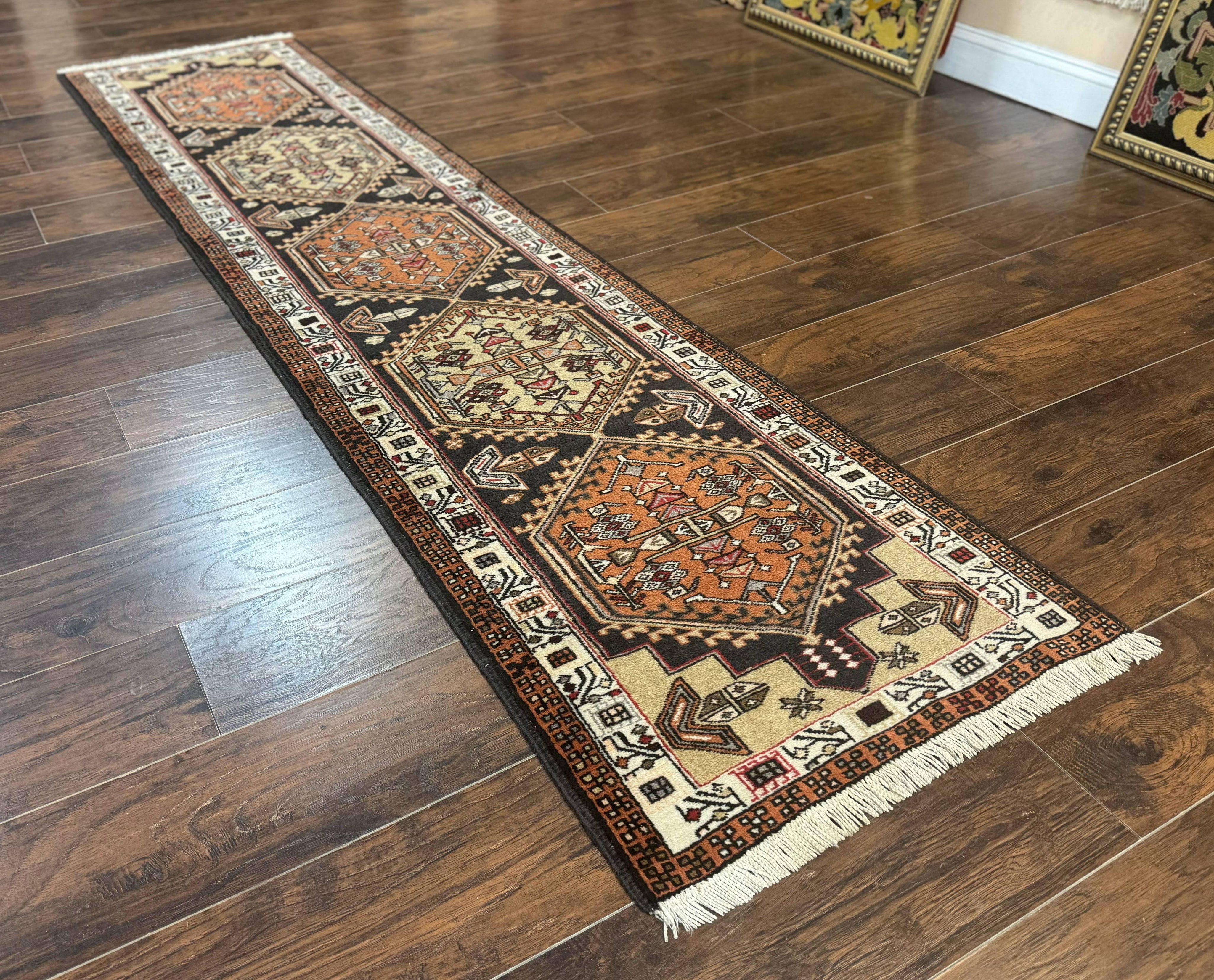 Persian Tribal Runner Rug 2.4 x 9.4, Geometric Medallions, Sarab Runner
