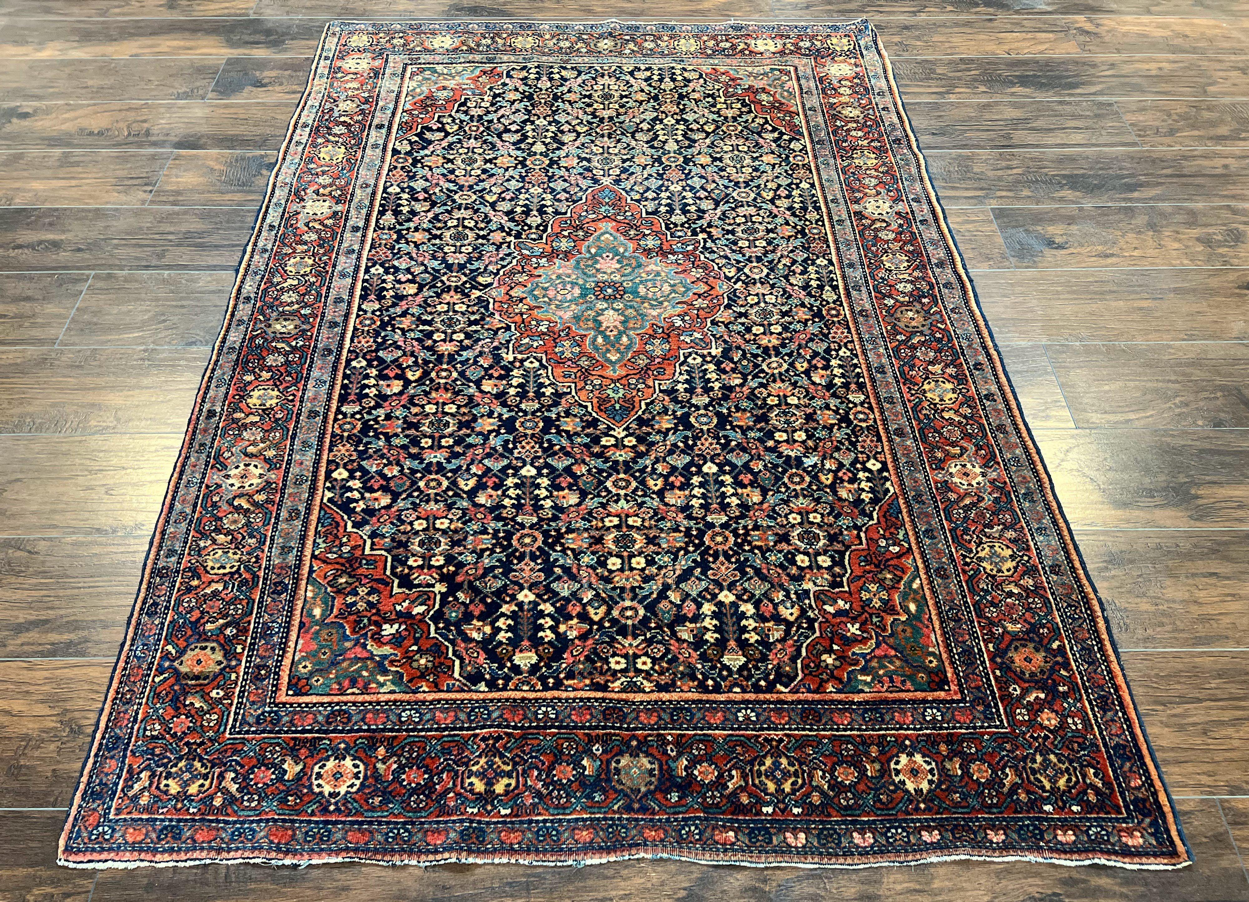 Persian Rug 4x7 Antique Sarouk Farahan Carpet, Navy Blue and Red Wool Rug