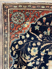 Antique Persian Rug 3.5 x 5, Sarouk Farahan Rug, High Quality 1920s Fine Oriental Carpet 3 x 5 ft, Large Medallion, Floral, Navy Blue Red, Hand Knotted Wool Rug