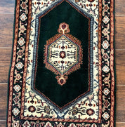 Small Indo Persian Dark Green Rug 2x3, Geometric Semi Open Field