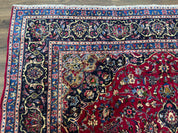 Traditional Persian Rug 8x11, Red Navy Blue, Floral Medallion, Antique Persian Mashad Carpet, Wool