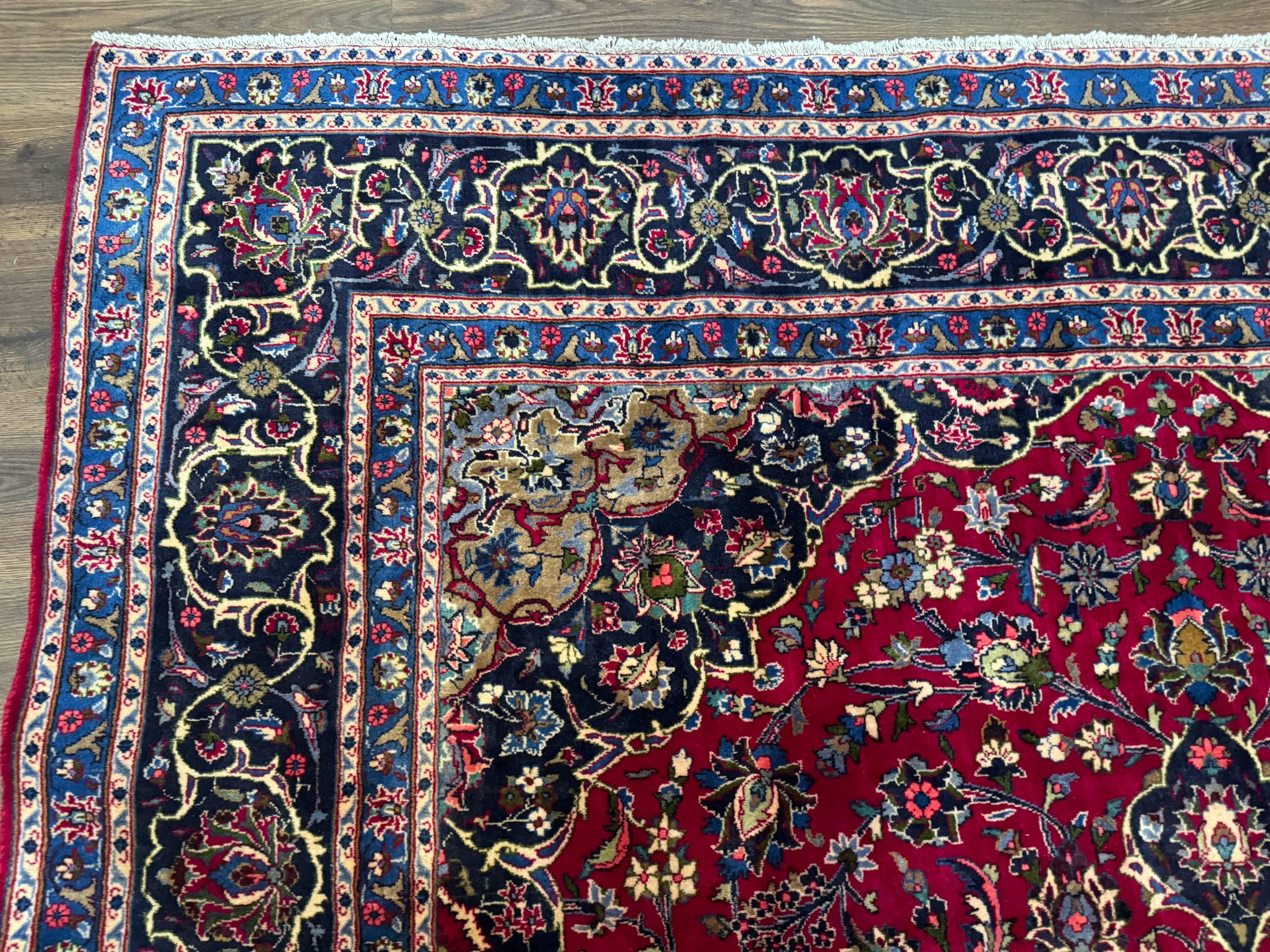 Traditional Persian Rug 8x11, Red Navy Blue, Floral Medallion, Antique Persian Mashad Carpet, Wool