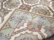 Indo Sultanabad Area Rug 8 x 9.5, Wool Hand-Knotted Ivory Green Teal Decorative Rug, Floral Panel Carpet, Indian Rug, 8 x 10 Bedroom Rug