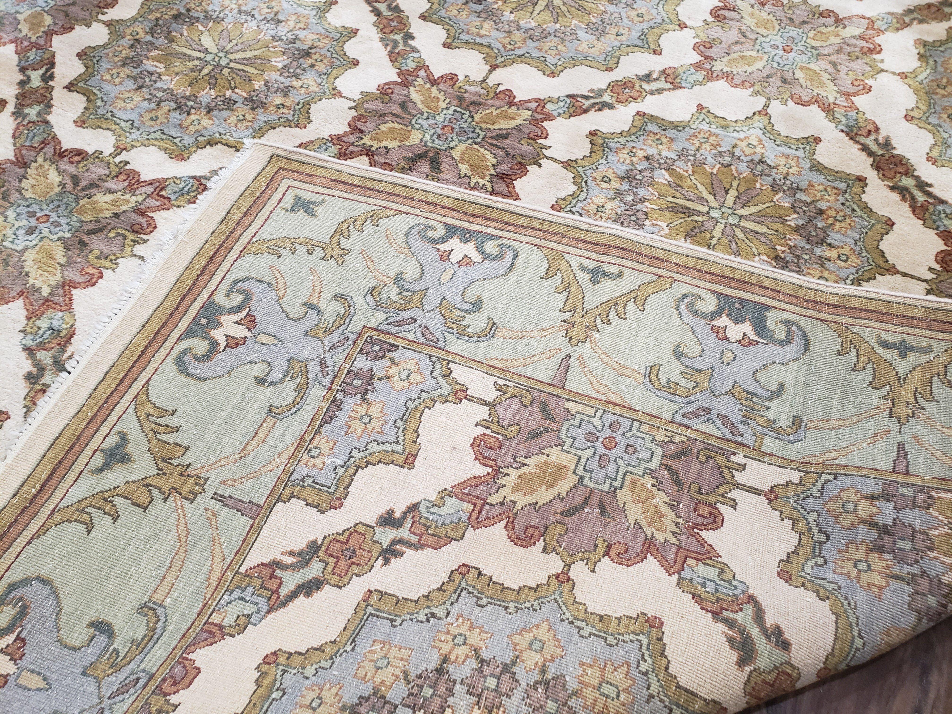 Indo Sultanabad Area Rug 8 x 9.5, Wool Hand-Knotted Ivory Green Teal Decorative Rug, Floral Panel Carpet, Indian Rug, 8 x 10 Bedroom Rug