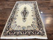 Persian Kirman Rug 4x7, Wool Hand Knotted Antique Carpet, Beige, Semi Open Field Medallion Rug, Traditional Handmade Oriental Rug
