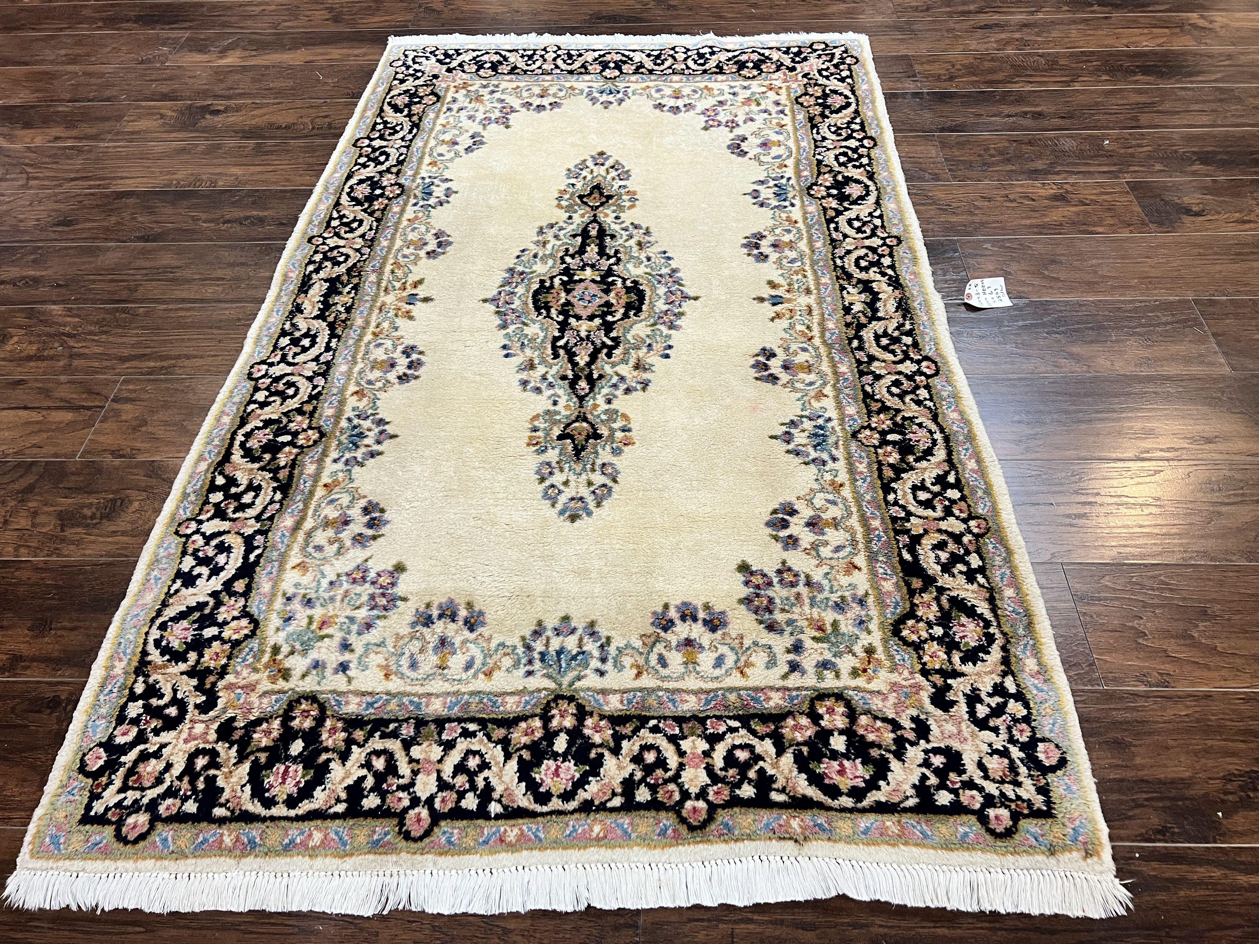 Persian Kirman Rug 4x7, Wool Hand Knotted Antique Carpet, Beige, Semi Open Field Medallion Rug, Traditional Handmade Oriental Rug