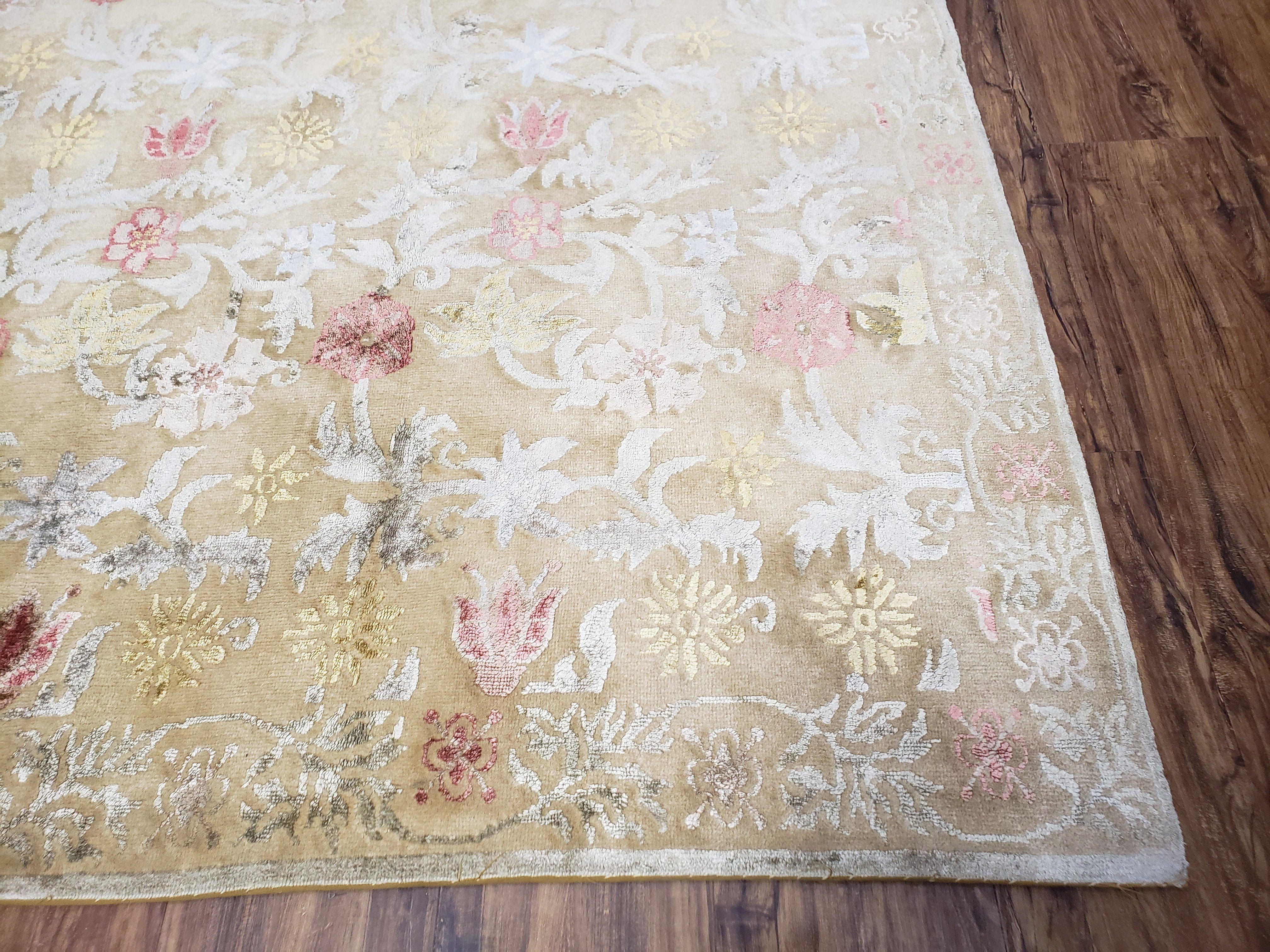 Modern Tibetan Rug 6x9, Wool and Silk Tibetan Rug, Handmade Tibetan Rug, Silk Flowers, Contemporary Rug, Soft Rug, Tibetan Area Rug, Tan